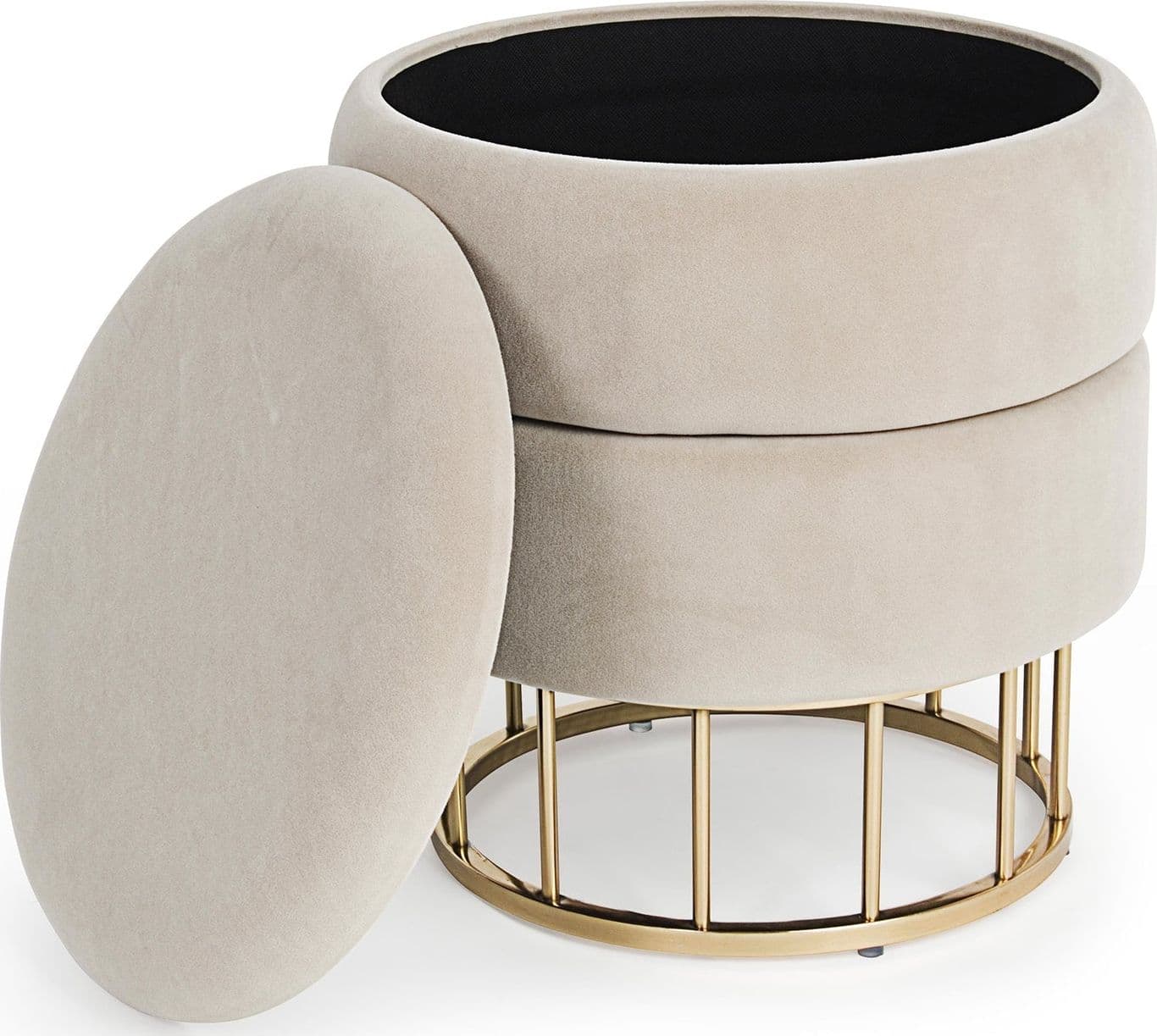 Pouf contenitore tondo con piede ottone "Pavlina" seduta in velluto arredamento moderno in Ottomane e poggiapiedi Decor Space - Altamura, commercioVirtuoso.it