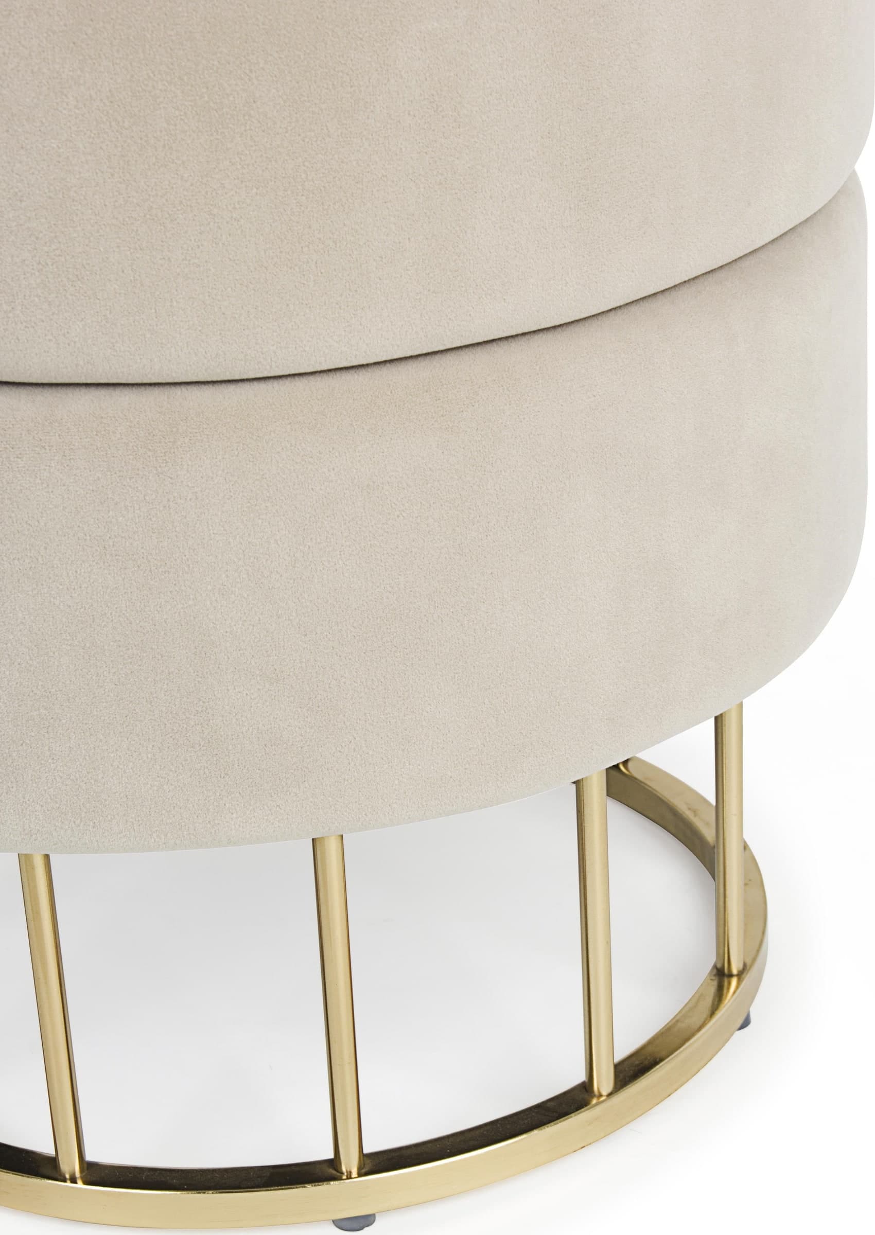 Pouf contenitore tondo con piede ottone "Pavlina" seduta in velluto arredamento moderno in Ottomane e poggiapiedi Decor Space - Altamura, commercioVirtuoso.it