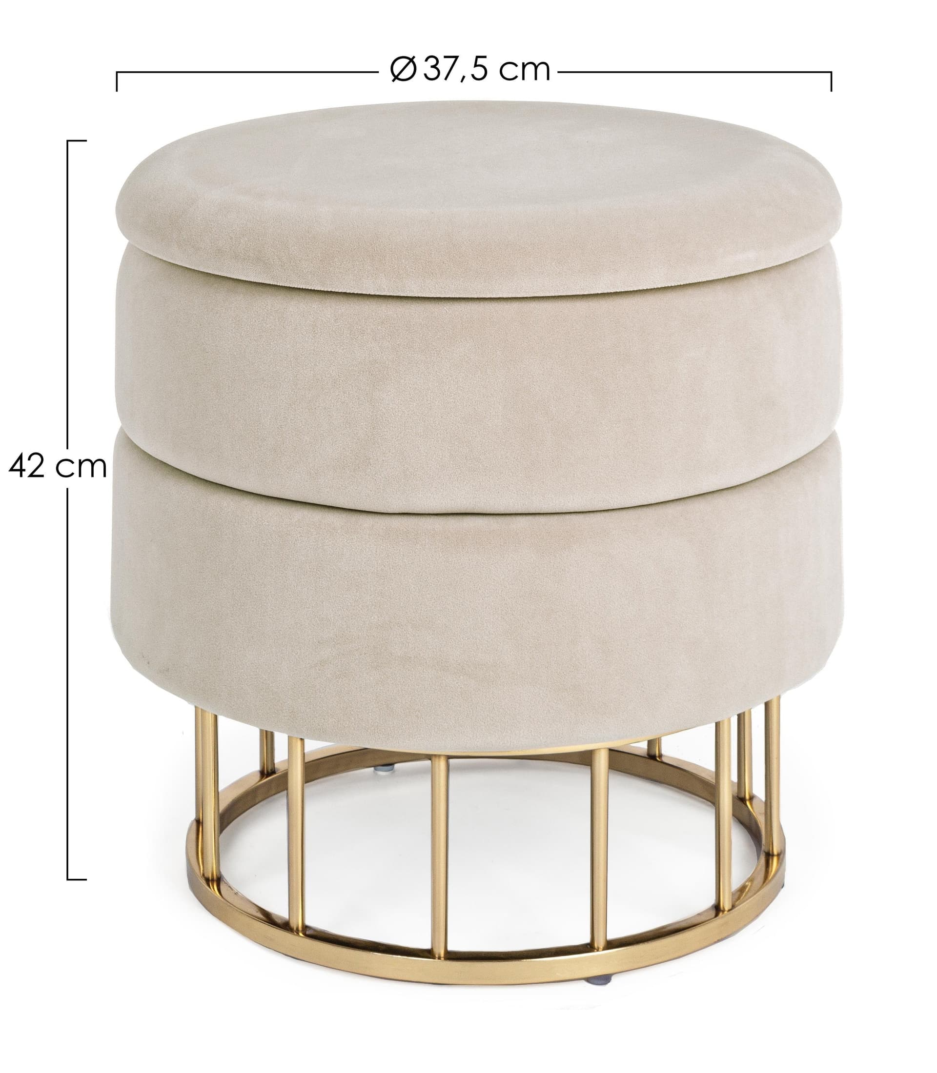 Pouf contenitore tondo con piede ottone "Pavlina" seduta in velluto arredamento moderno in Ottomane e poggiapiedi Decor Space - Altamura, commercioVirtuoso.it