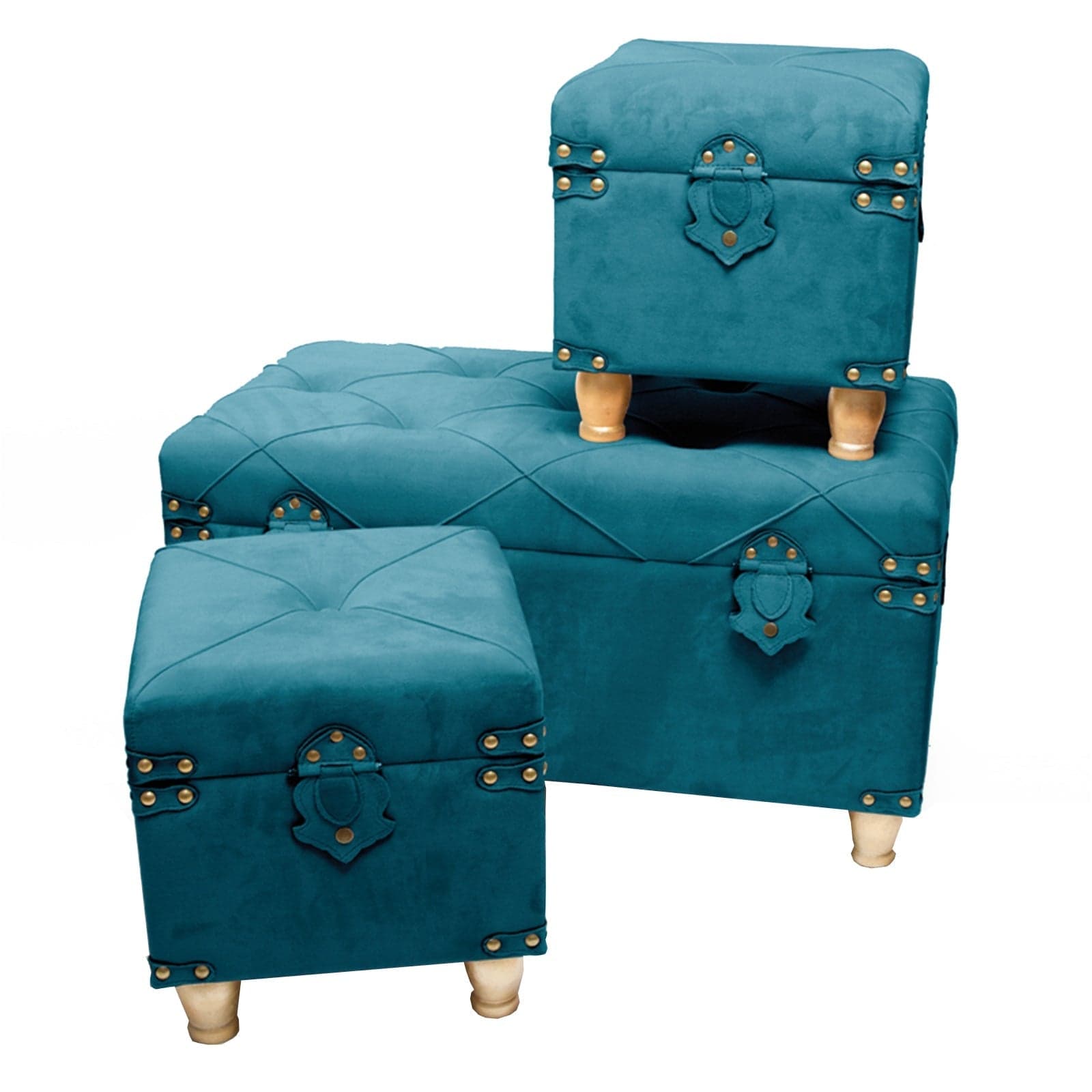Set 3 Pouf contenitori in velluto per arredamento moderno Bauli con piedi in legno h 33 cm