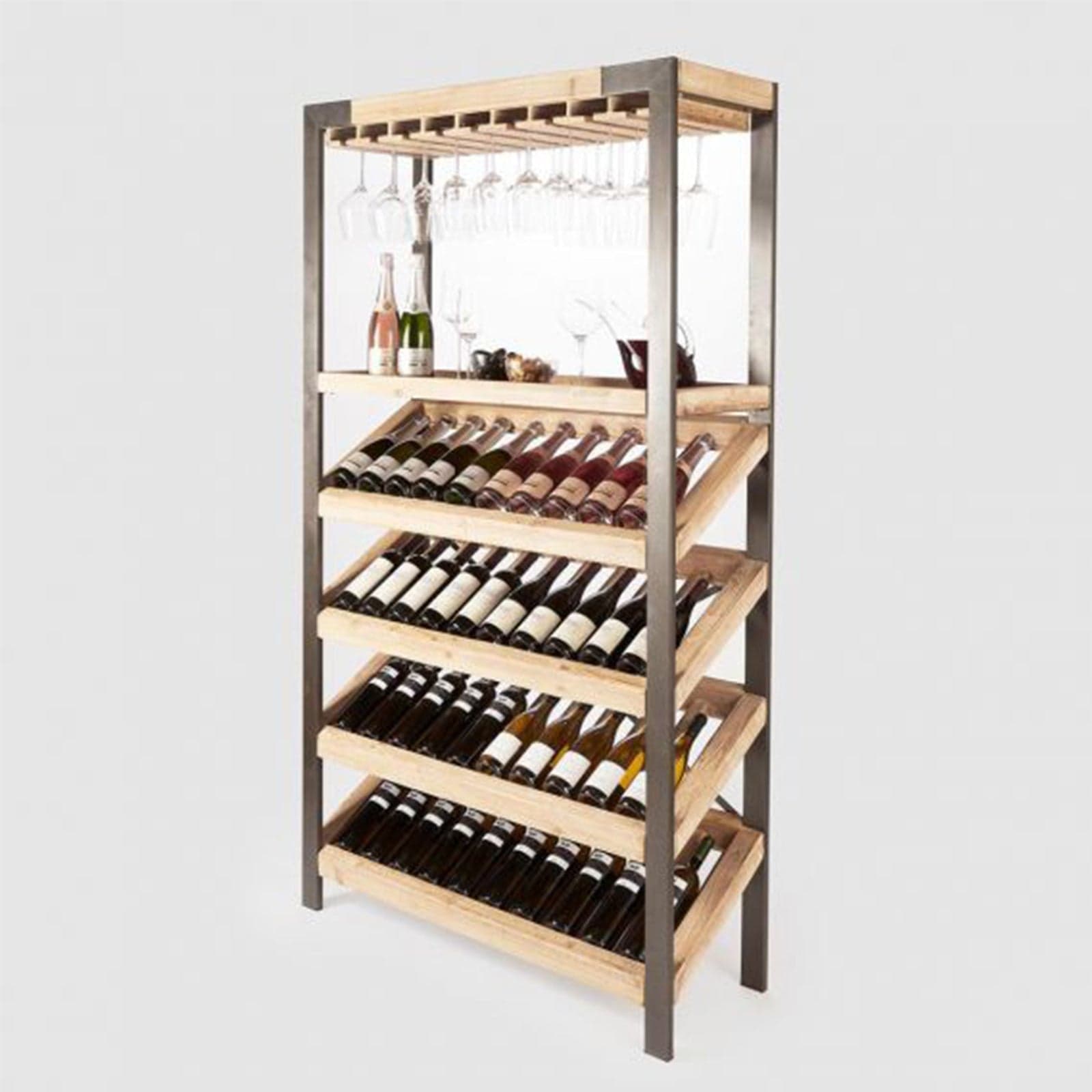 Mobile enoteca e bar "Kurtis" con 5 ripiani per bottiglie di vino e calici cantina in legno e metallo h 199 cm in Librerie Decor Space - Altamura, commercioVirtuoso.it