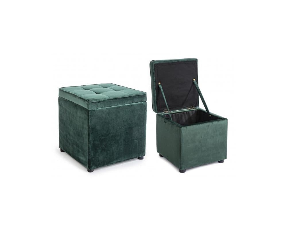 Set 2 Pouf contenitori "Belleville" seduta in velluto verde arredamento moderno in Ottomane e poggiapiedi Decor Space - Altamura, commercioVirtuoso.it
