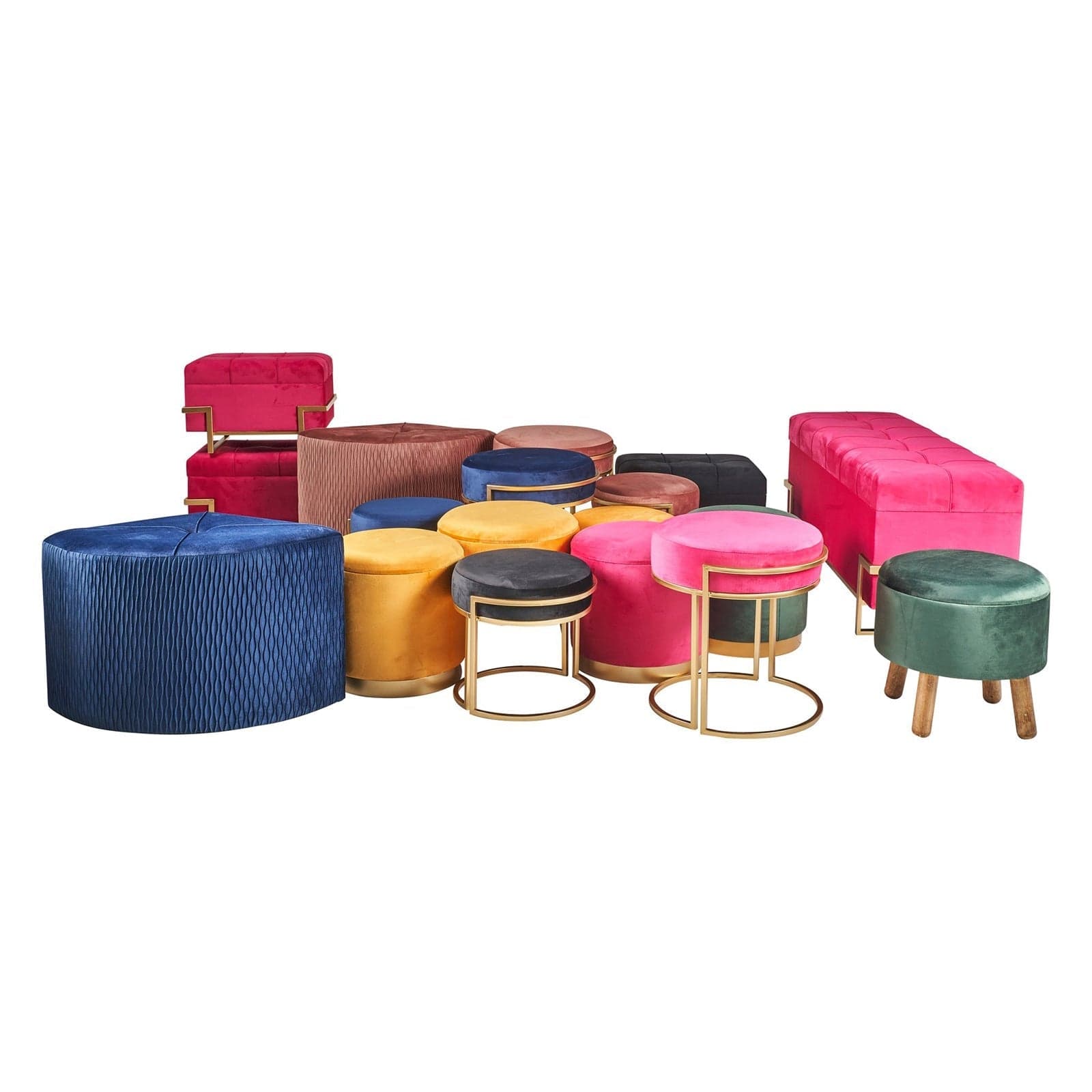 Pouf in velluto per arredamento moderno panchette con piedi in matallo dorati h 44 cm in Ottomane e poggiapiedi Decor Space - Altamura, commercioVirtuoso.it