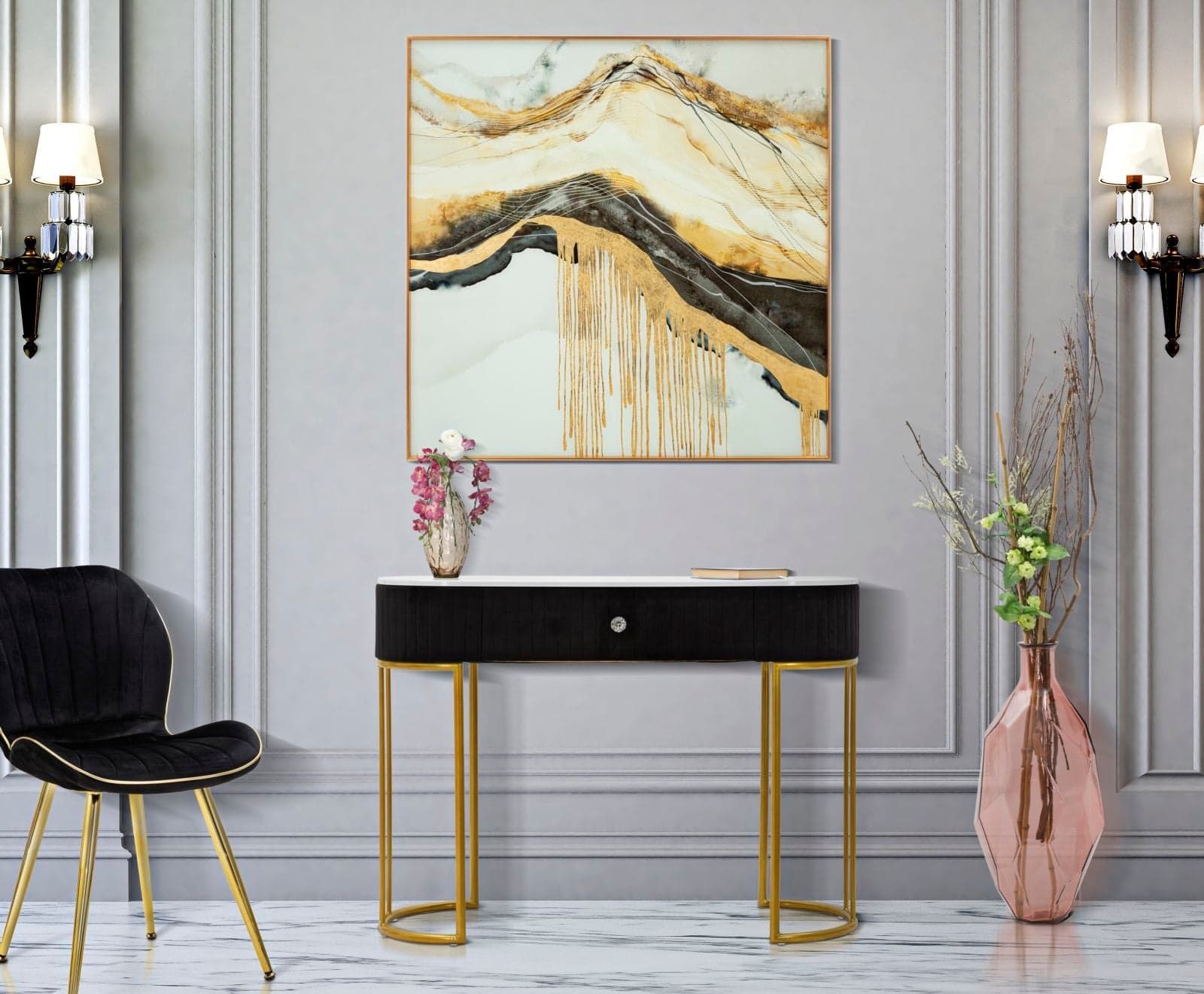 Console "Montpellier" struttura in metallo e legno ripiano in marmo per interni in Credenze Decor Space - Altamura, commercioVirtuoso.it