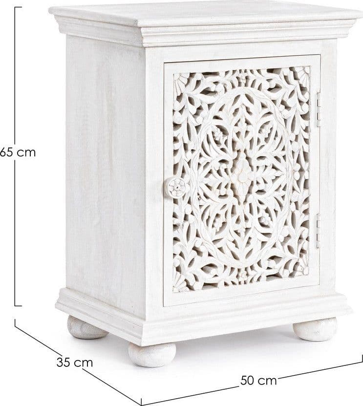 Comodino "Alinta" per camera, Struttura In Legno Di Mango Con Ante Intarsiate A Mano, Schienale In Mdf in Comodini Decor Space - Altamura, commercioVirtuoso.it