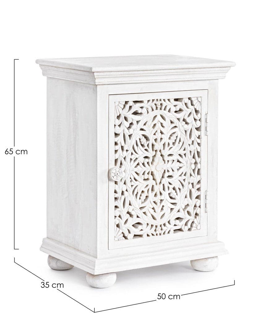 Comodino "Alinta" per camera, Struttura In Legno Di Mango Con Ante Intarsiate A Mano, Schienale In Mdf in Comodini Decor Space - Altamura, commercioVirtuoso.it