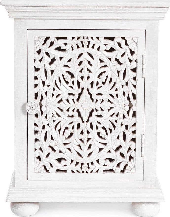 Comodino "Alinta" per camera, Struttura In Legno Di Mango Con Ante Intarsiate A Mano, Schienale In Mdf in Comodini Decor Space - Altamura, commercioVirtuoso.it