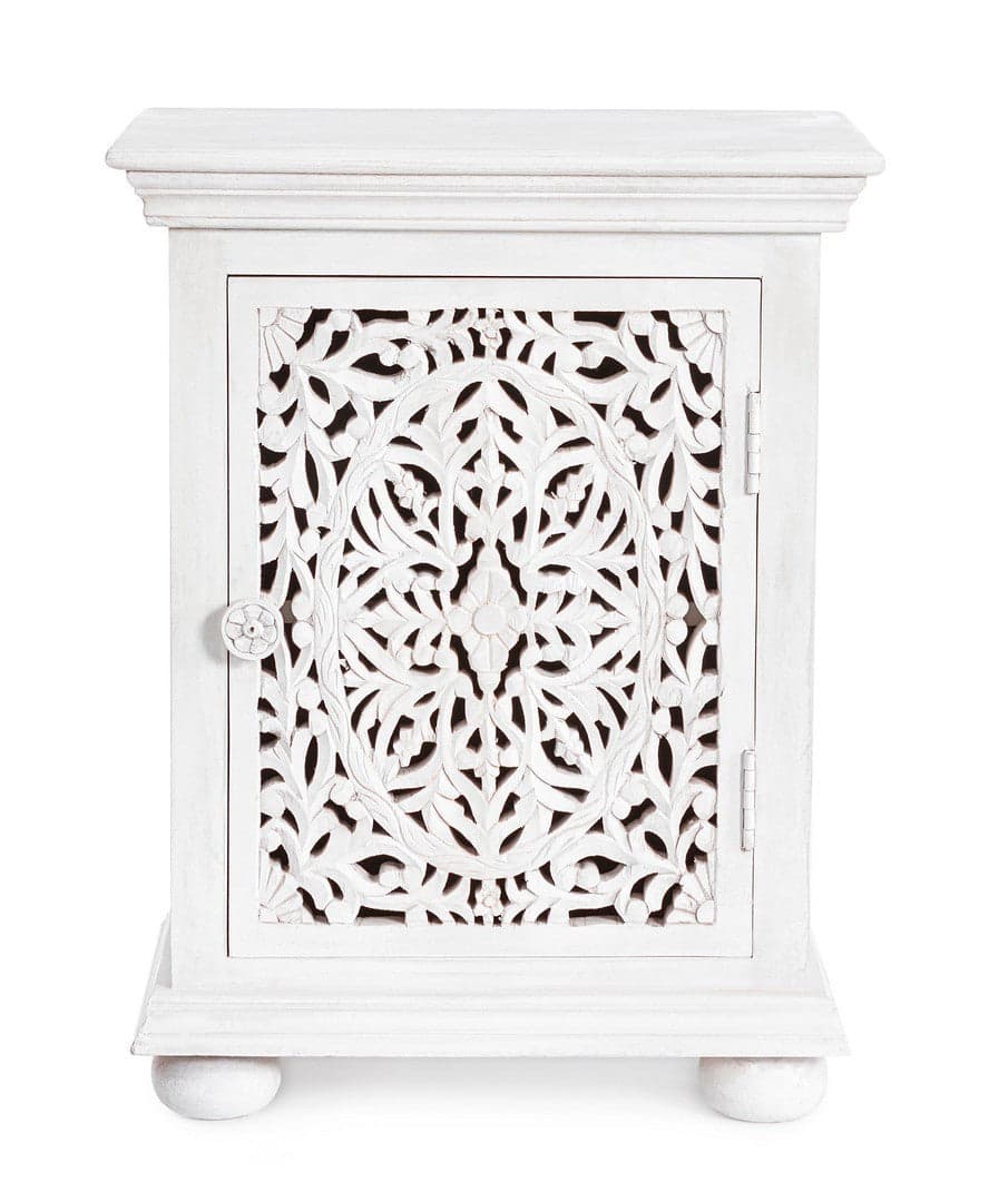Comodino "Alinta" per camera, Struttura In Legno Di Mango Con Ante Intarsiate A Mano, Schienale In Mdf in Comodini Decor Space - Altamura, commercioVirtuoso.it