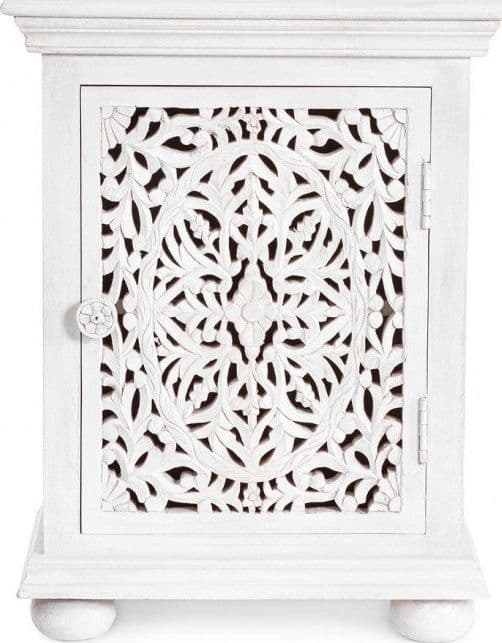 Comodino "Alinta" per camera, Struttura In Legno Di Mango Con Ante Intarsiate A Mano, Schienale In Mdf in Comodini Decor Space - Altamura, commercioVirtuoso.it