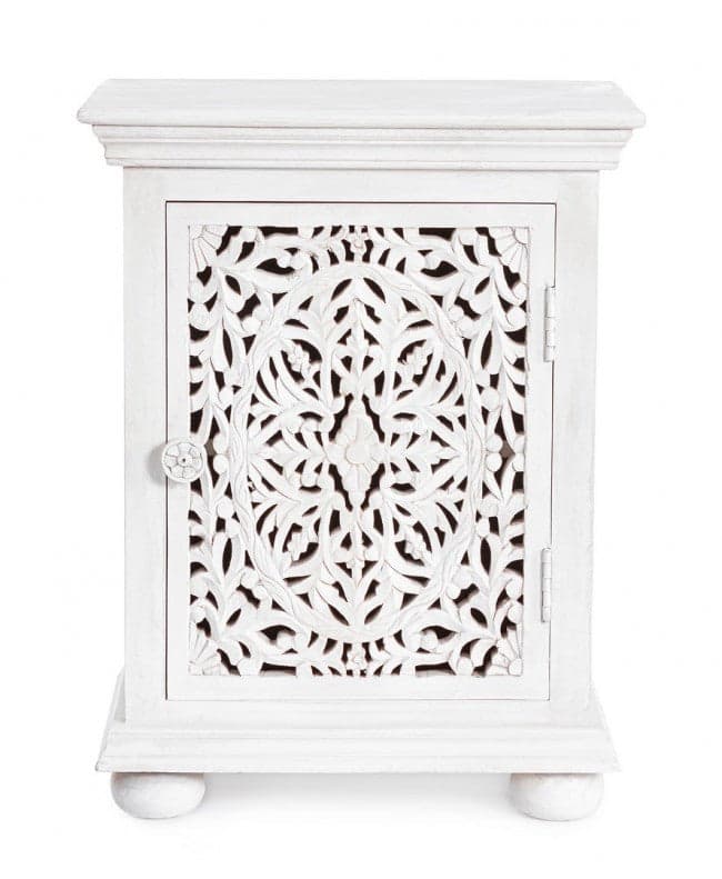 Comodino "Alinta" per camera, Struttura In Legno Di Mango Con Ante Intarsiate A Mano, Schienale In Mdf in Comodini Decor Space - Altamura, commercioVirtuoso.it