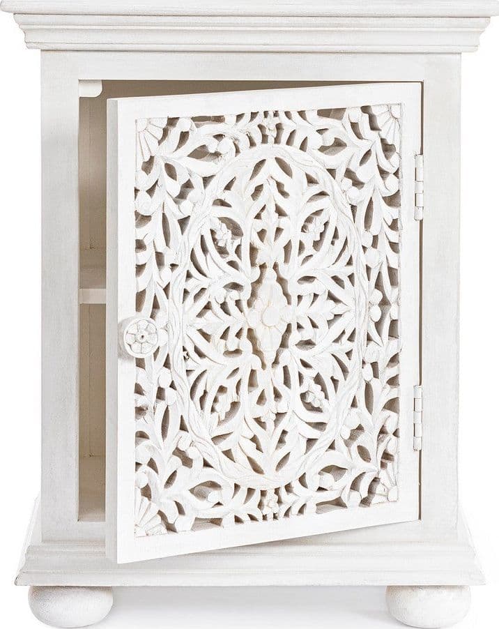 Comodino "Alinta" per camera, Struttura In Legno Di Mango Con Ante Intarsiate A Mano, Schienale In Mdf in Comodini Decor Space - Altamura, commercioVirtuoso.it