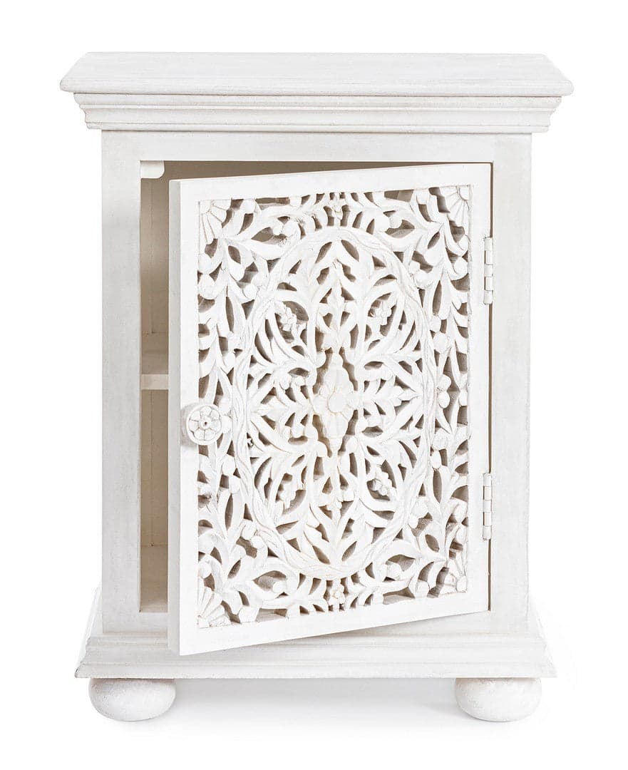 Comodino "Alinta" per camera, Struttura In Legno Di Mango Con Ante Intarsiate A Mano, Schienale In Mdf in Comodini Decor Space - Altamura, commercioVirtuoso.it