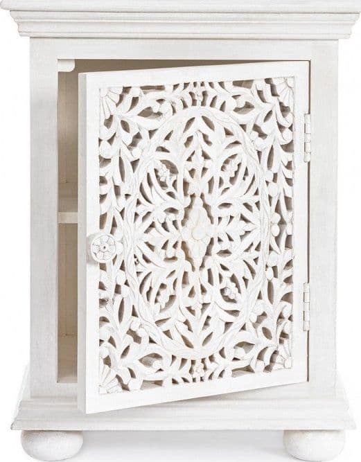 Comodino "Alinta" per camera, Struttura In Legno Di Mango Con Ante Intarsiate A Mano, Schienale In Mdf in Comodini Decor Space - Altamura, commercioVirtuoso.it