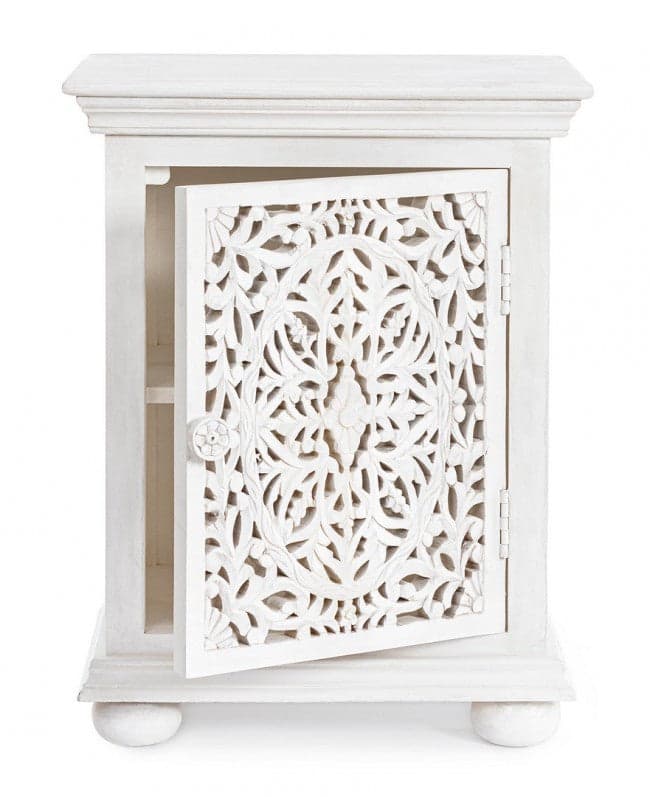 Comodino "Alinta" per camera, Struttura In Legno Di Mango Con Ante Intarsiate A Mano, Schienale In Mdf in Comodini Decor Space - Altamura, commercioVirtuoso.it