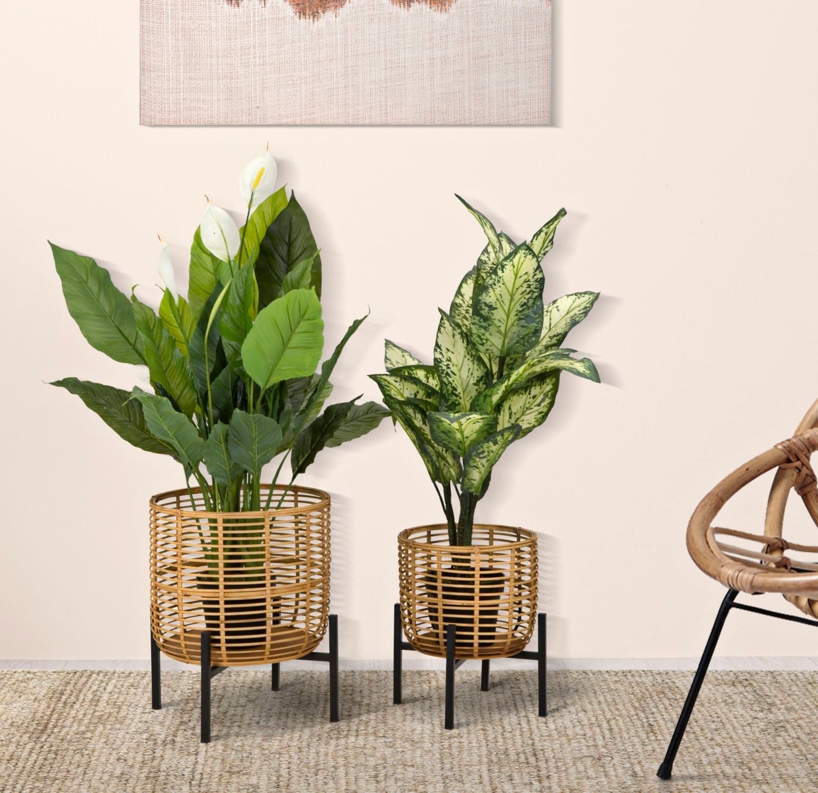 Coppia porta vasi in rattan con supporto in metallo per interni set da 2 in Portavasi Decor Space - Altamura, commercioVirtuoso.it
