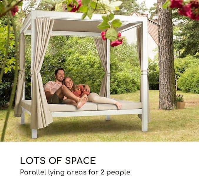 Lettino "Daybed Sleep" prendisole ad isola per giardino e piscina, baldacchino reclinabile con tende in Lettini Decor Space - Altamura, commercioVirtuoso.it