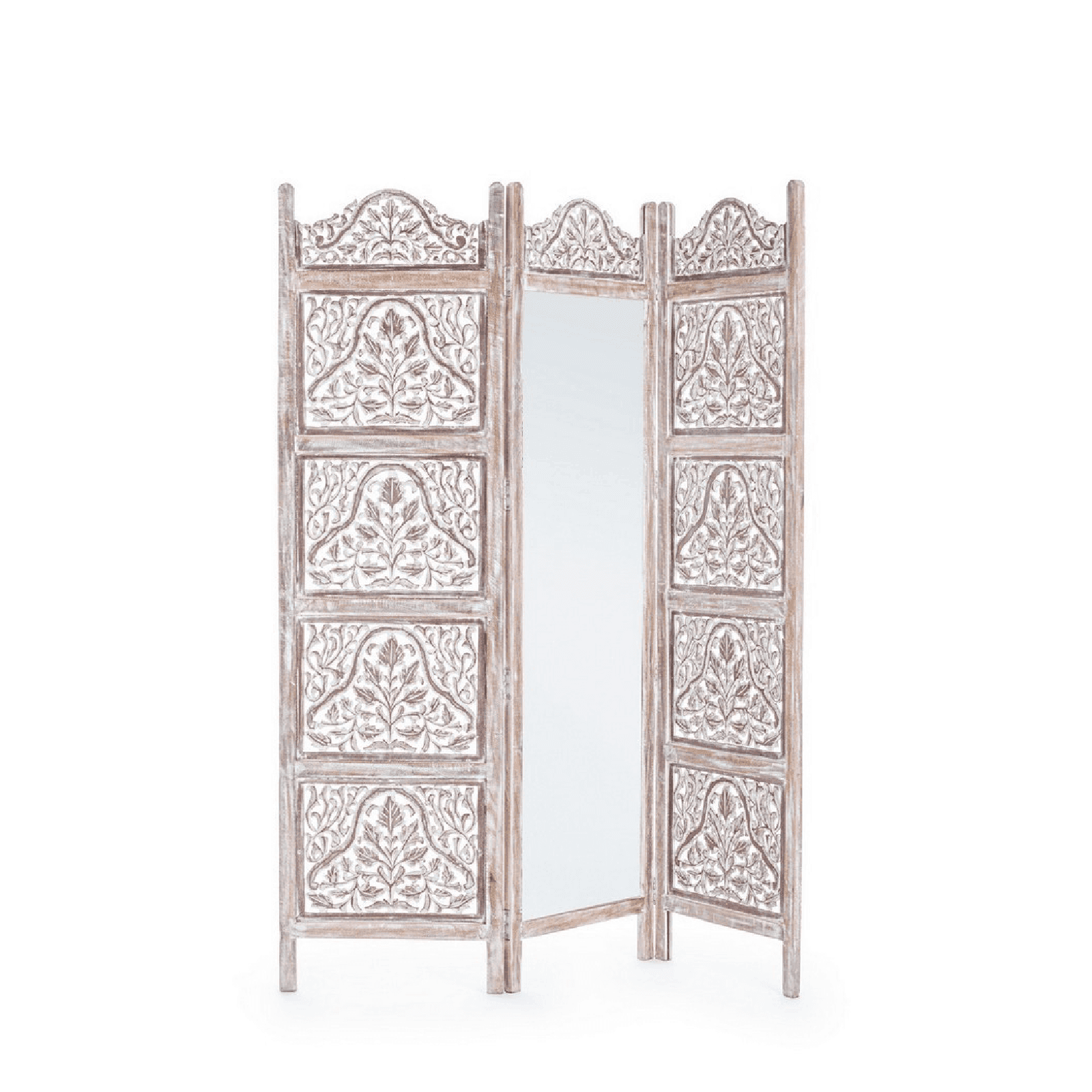 Paravento 3 Ante "Alyssia" bianco in legno di mango, mdf e vetro, lavorato a mano 130x2,5x 180 cm