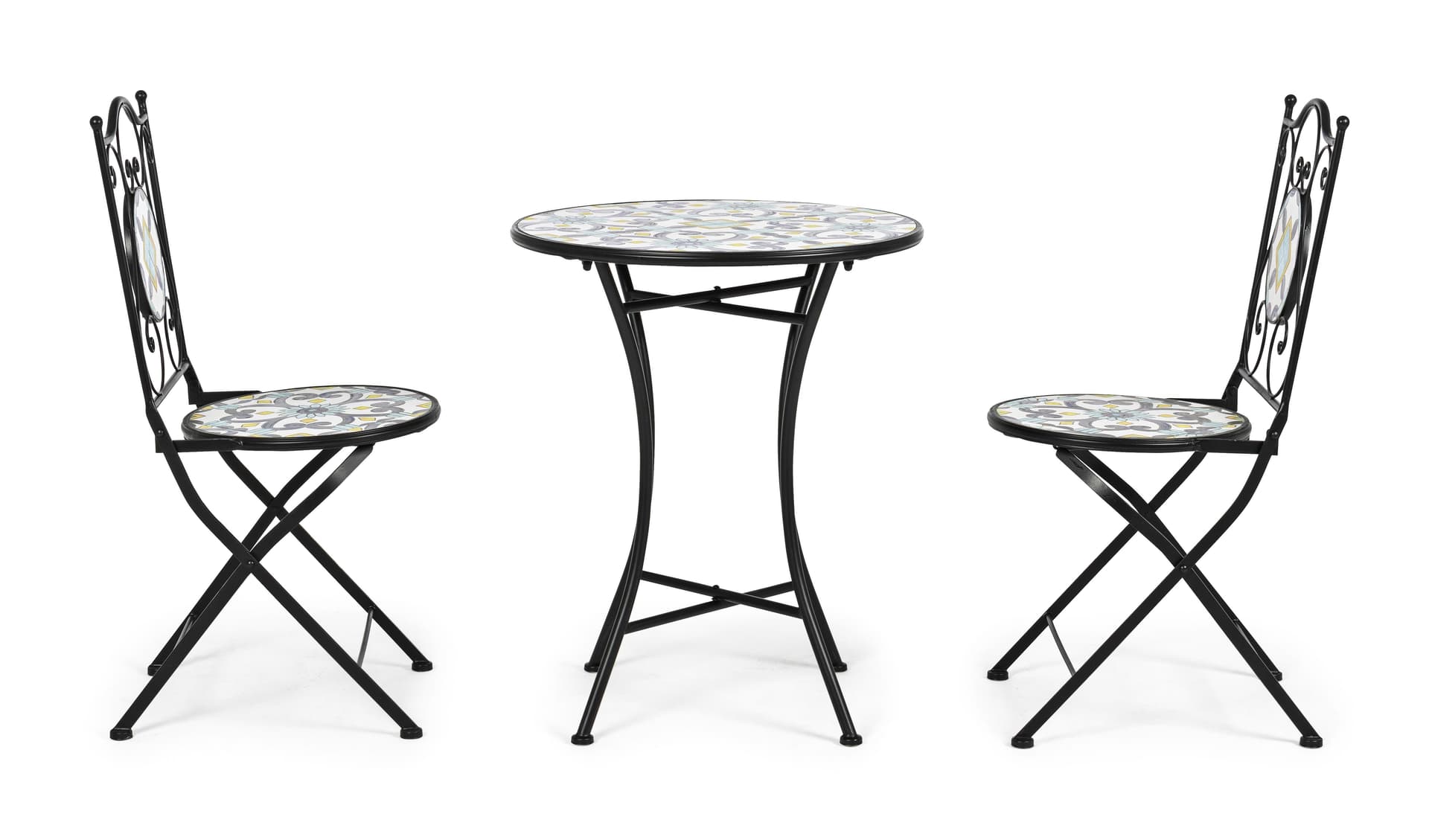 Set "Positano" Tavolino tondo e poltrone con decoro in ceramica per giardino veranda in Tavoli standard Decor Space - Altamura, commercioVirtuoso.it