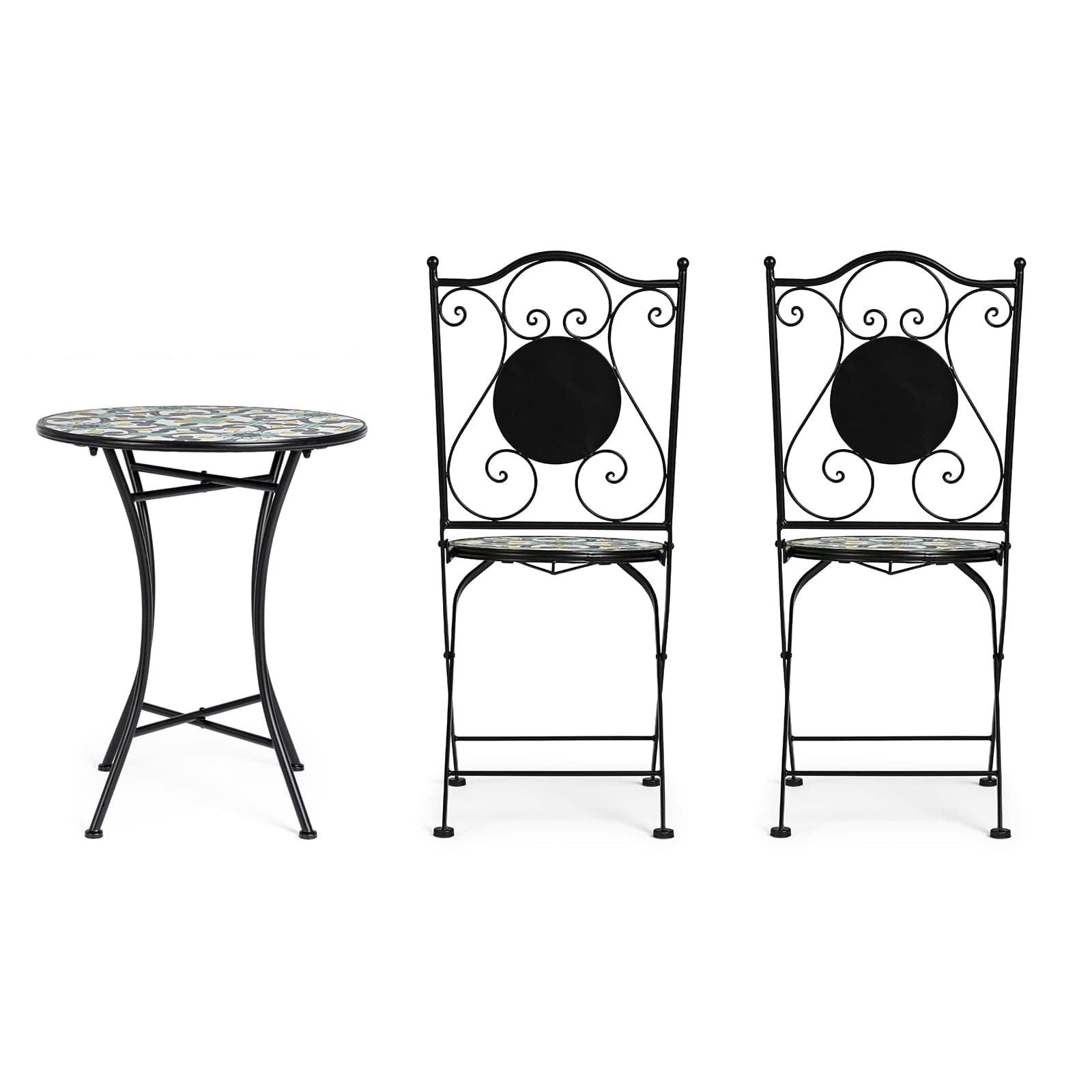 Set "Positano" Tavolino tondo e poltrone con decoro in ceramica per giardino veranda in Tavoli standard Decor Space - Altamura, commercioVirtuoso.it