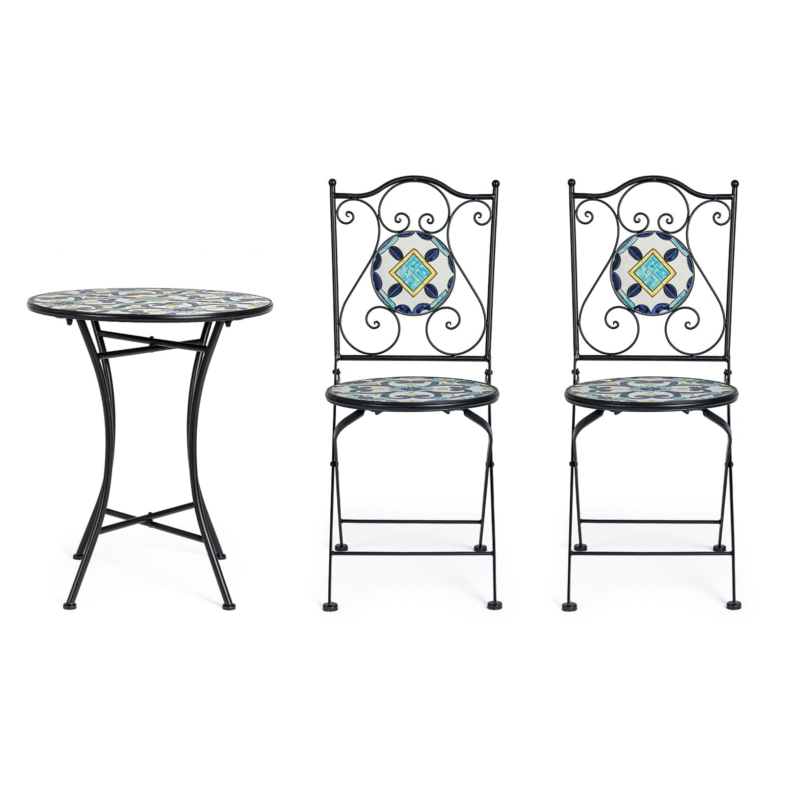 Set "Positano" Tavolino tondo e poltrone con decoro in ceramica per giardino veranda in Tavoli standard Decor Space - Altamura, commercioVirtuoso.it