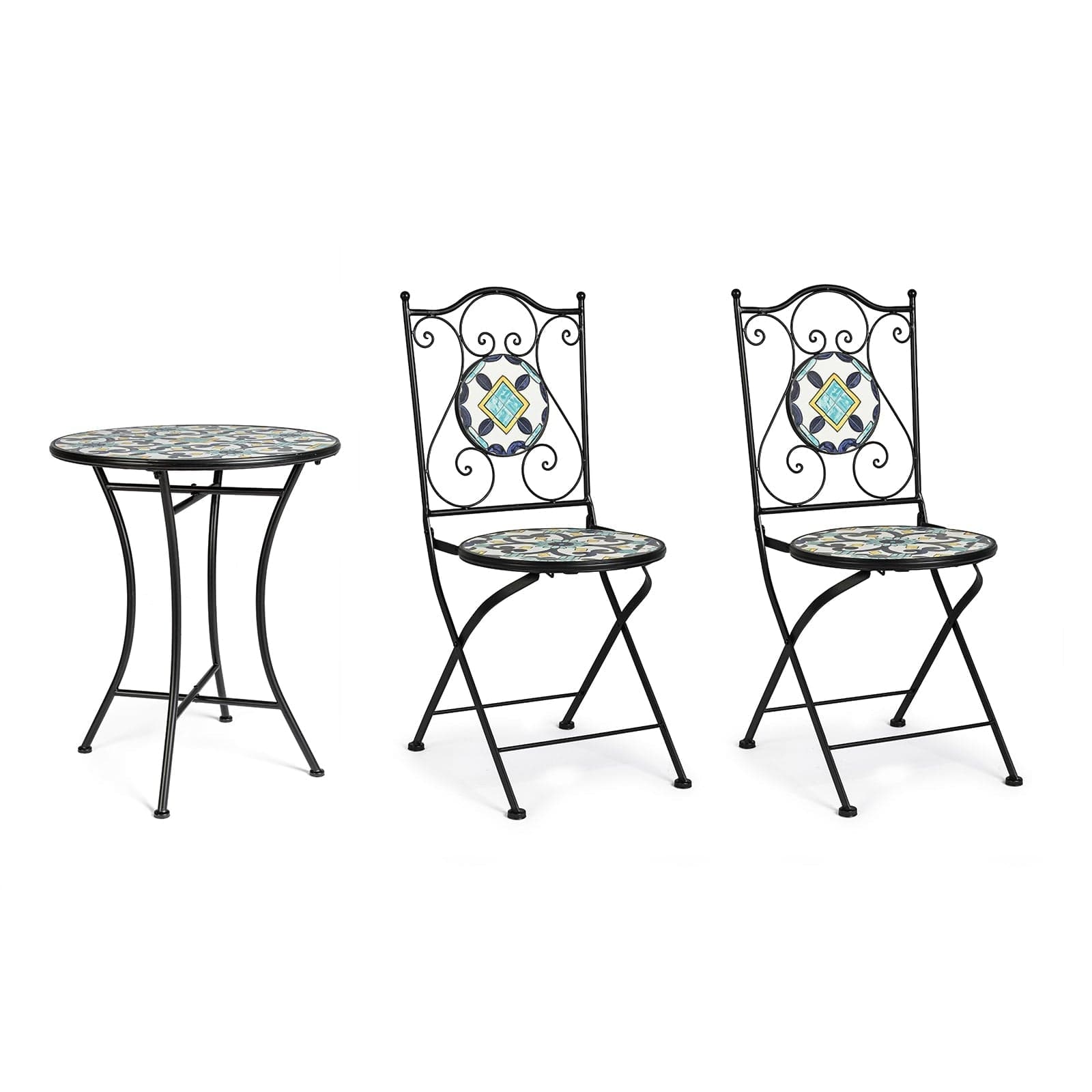 Set "Positano" Tavolino tondo e poltrone con decoro in ceramica per giardino veranda in Tavoli standard Decor Space - Altamura, commercioVirtuoso.it