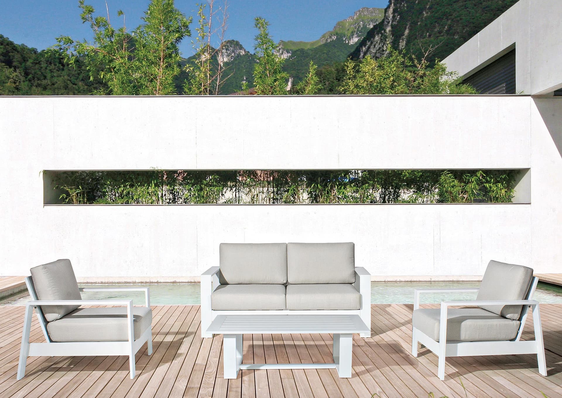Salottino Moderno "Atlantic" in alluminio antiruggine con cuscini da giardino e veranda per esterno in Set di mobili Decor Space - Altamura, commercioVirtuoso.it