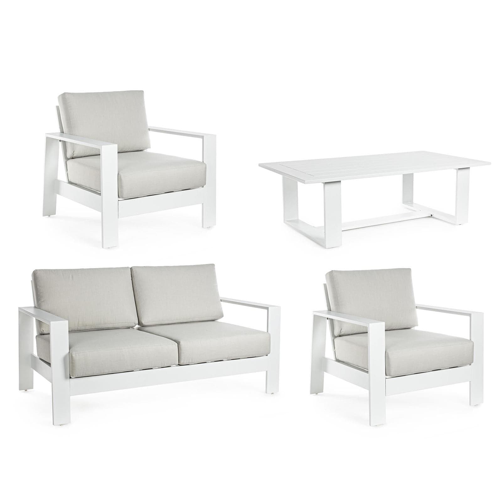 SALOTTINO ATLANTIC IN ALLUMINIO BIANCO DA GIARDINO PER ESTERNO SALOTTO VERANDA 4 PEZZI