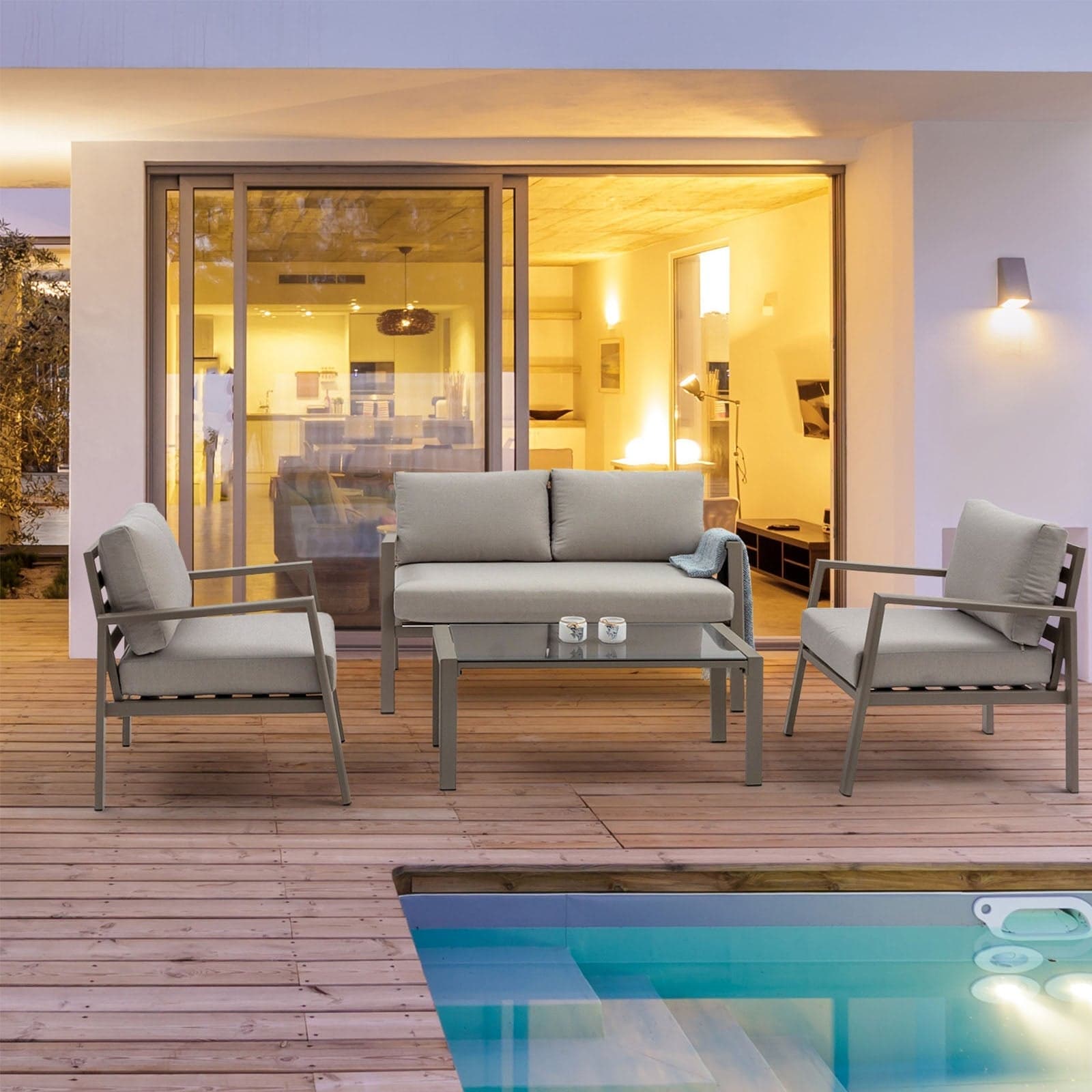 Salottino moderno per esterno "Koral" in alluminio con cuscini da giardino e veranda in Set di mobili Decor Space - Altamura, commercioVirtuoso.it