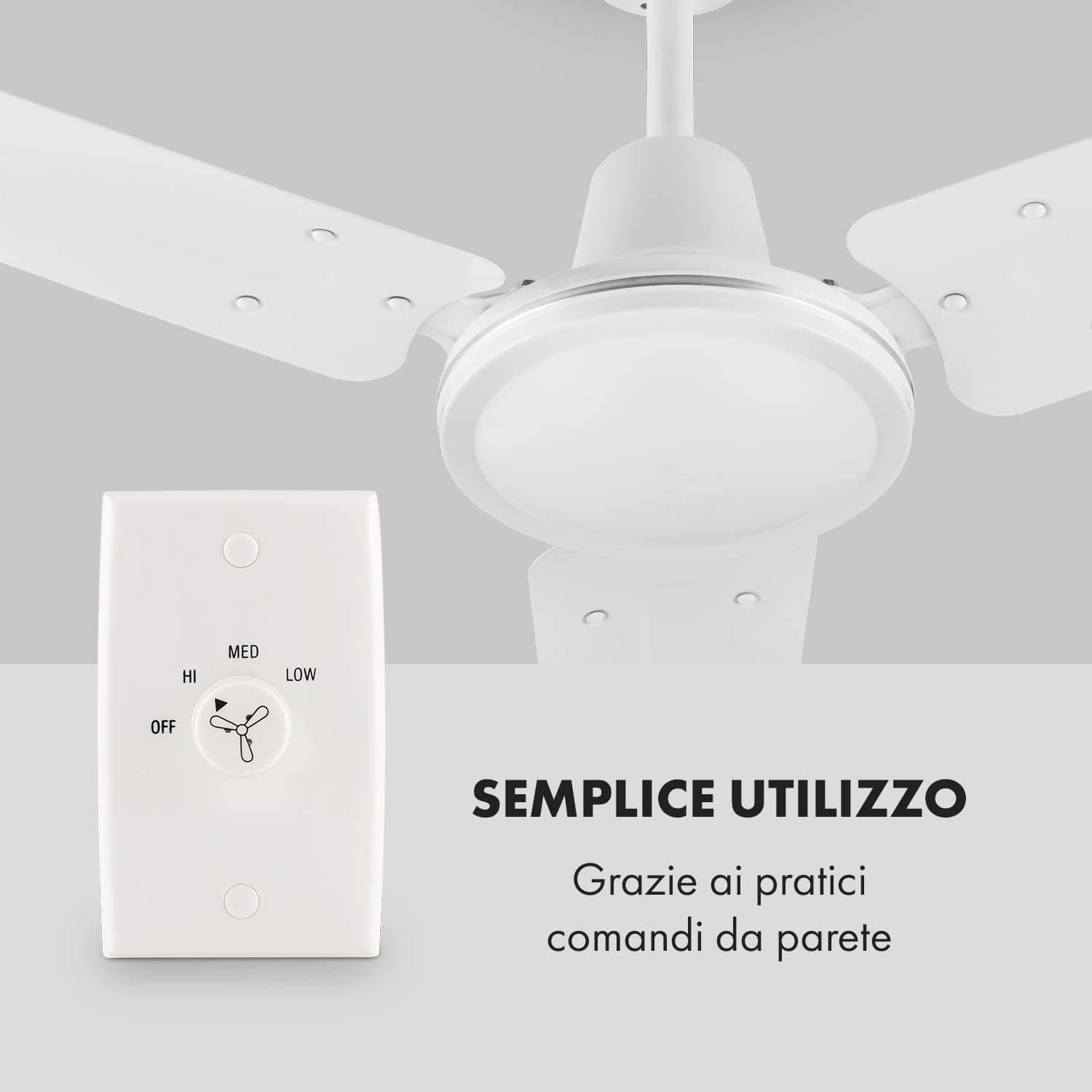 Ventilatore a soffitto con 3 pale in metallo ed interruttore da muro Ø 120 cm in Ventilatori a piantana Decor Space - Altamura, commercioVirtuoso.it