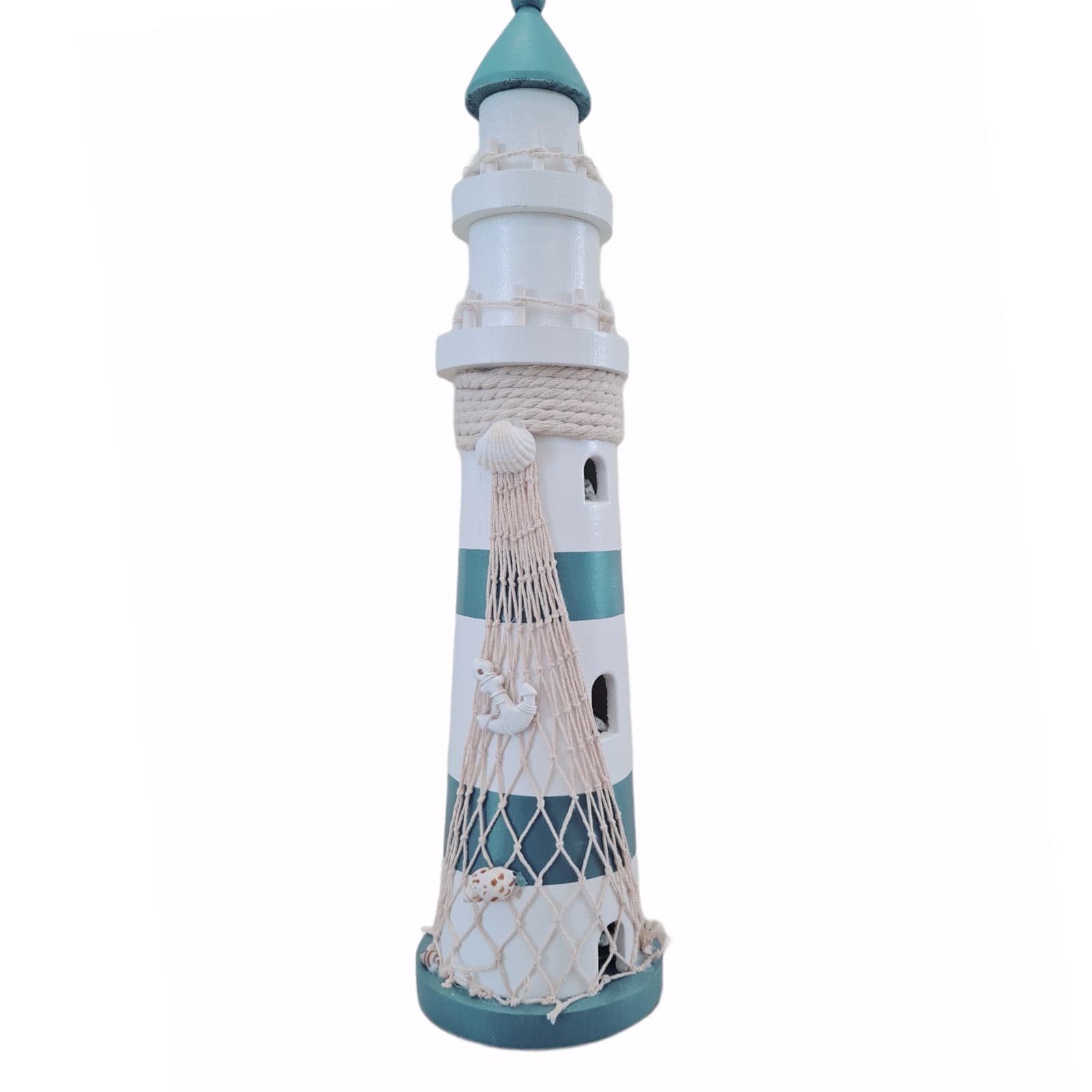 Faro decorativo in legno "Beach" con luci a led e rete in cotone h 47 cm in Lanterne Decor Space - Altamura, commercioVirtuoso.it