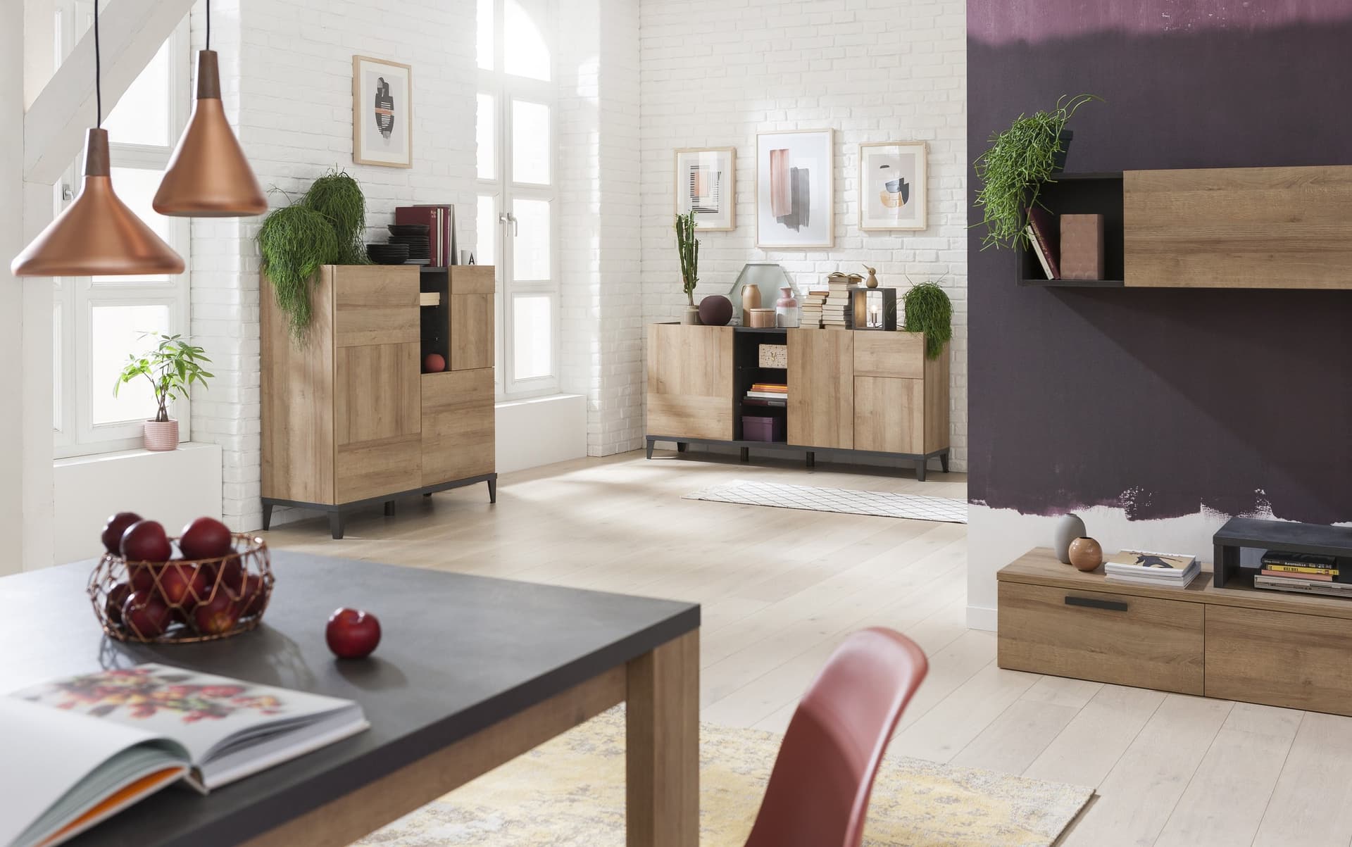 Contro mobile madia multiuso "Vittoria" con 3 ante rovere e nero h 84 cm in Credenze Decor Space - Altamura, commercioVirtuoso.it