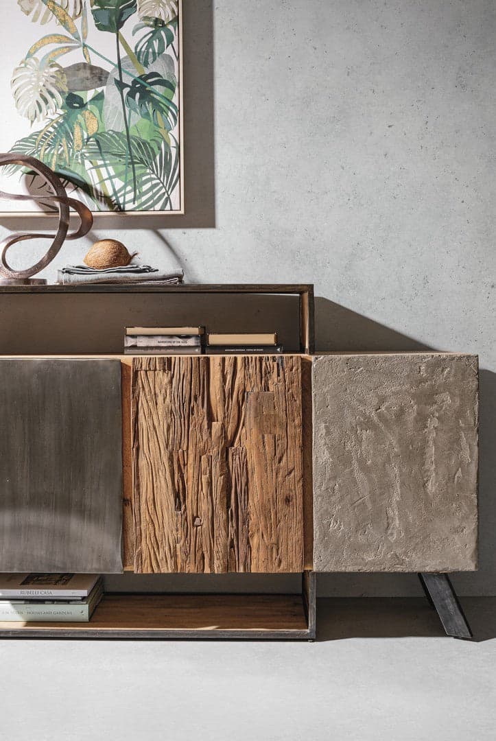 Credenza "Manchester" con struttura in legno di mango e acciaio, cassetti in legno riciclato, stile moderno in Credenze Decor Space - Altamura, commercioVirtuoso.it