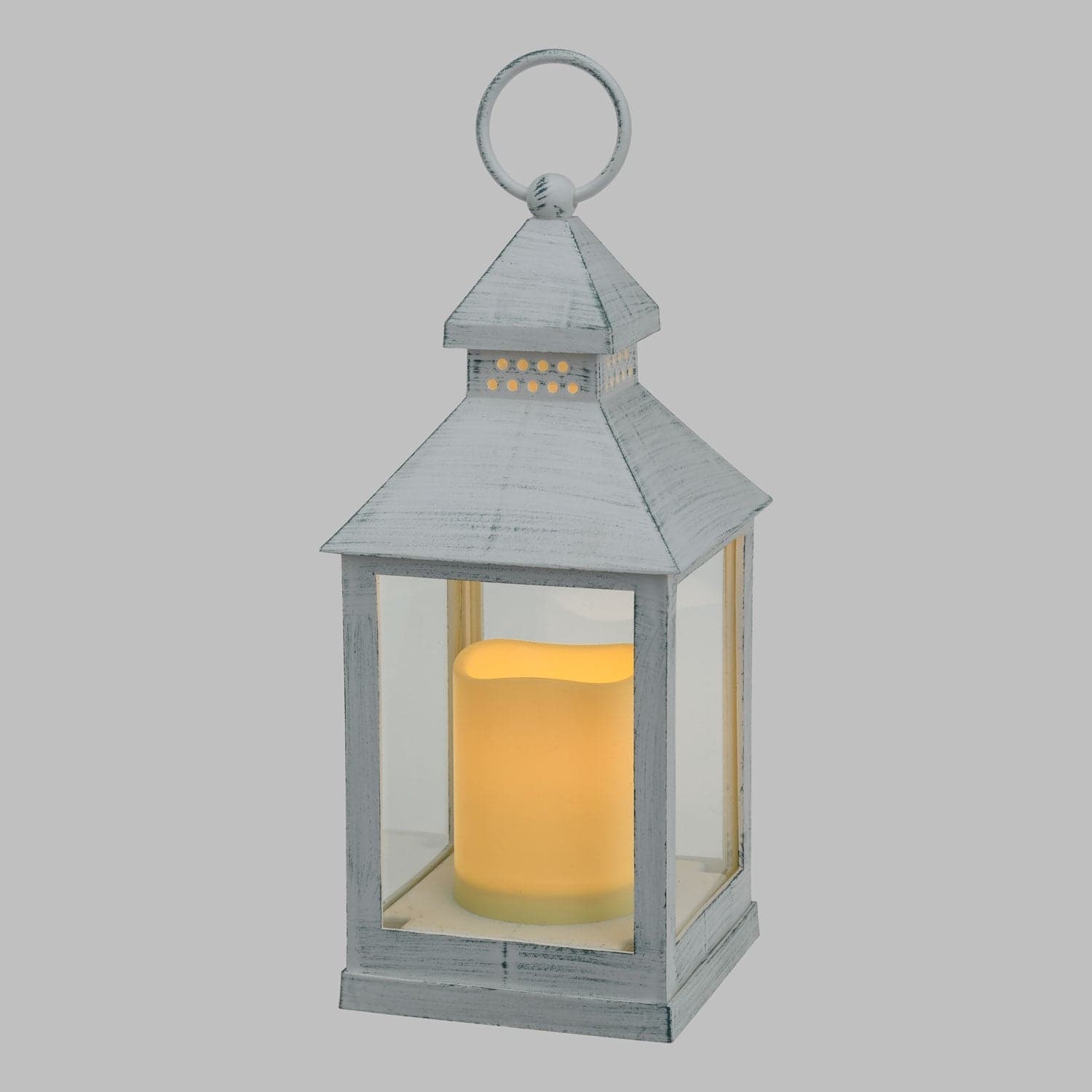 Lanterna Bianco anticato da interno con candela a batteria effetto fiamma h 24 cm in Lanterne Decor Space - Altamura, commercioVirtuoso.it