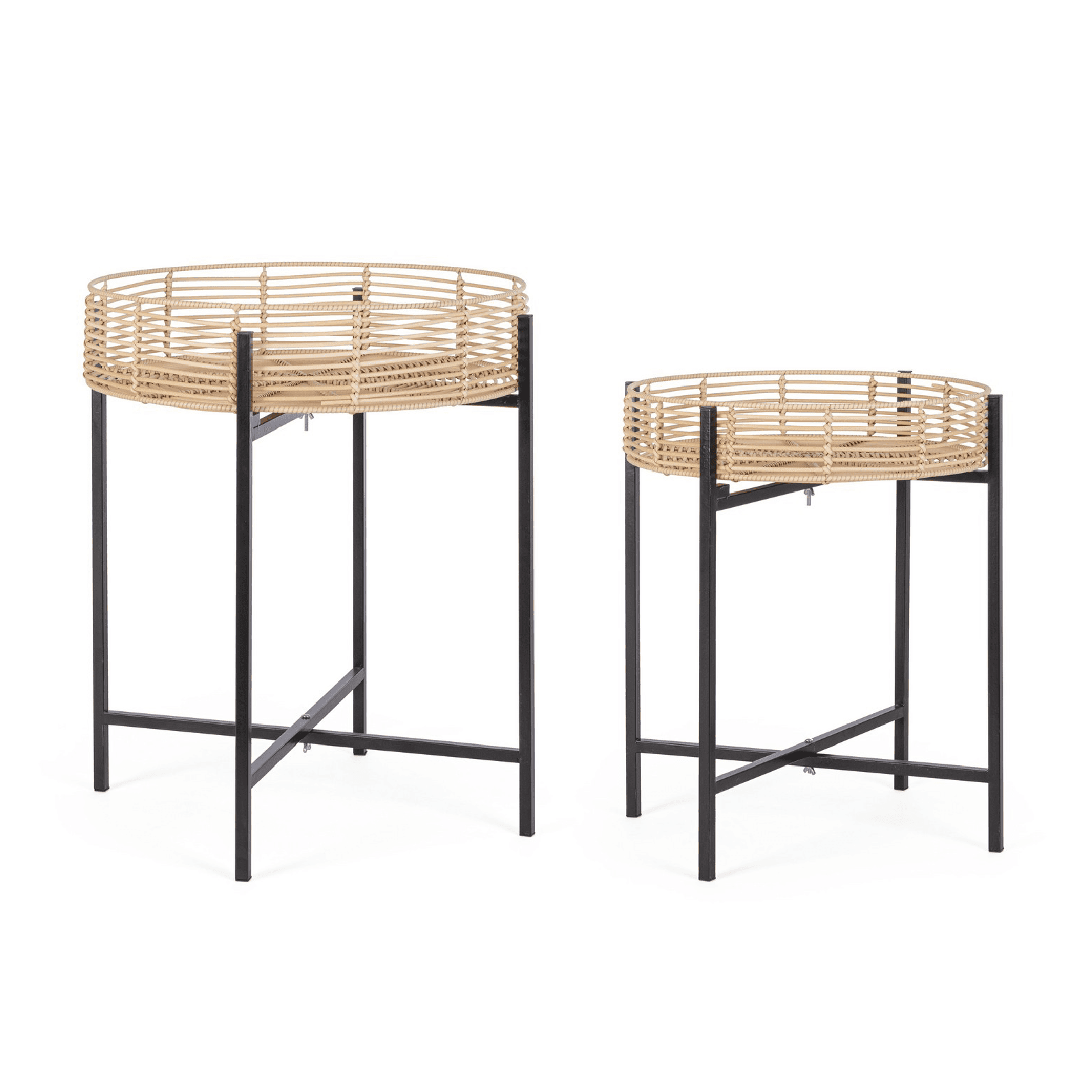 Tavolino rendy naturale nero, polyrattan, struttura in metallo da assemblare Ø 45 x 55; Ø 52 x 63 cm