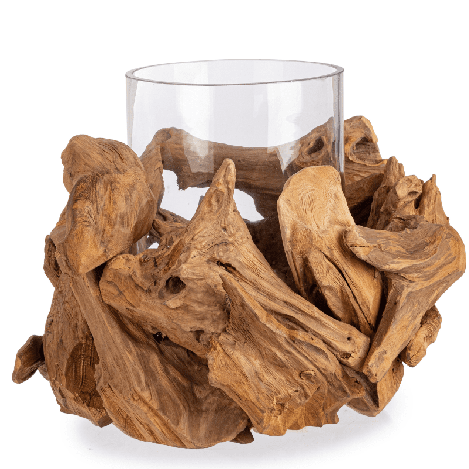 Porta candela in vetro 1P izara nat h 31  con radici di legno teak riciclato,  fatto con finitura naturale in Portalumini Decor Space - Altamura, commercioVirtuoso.it