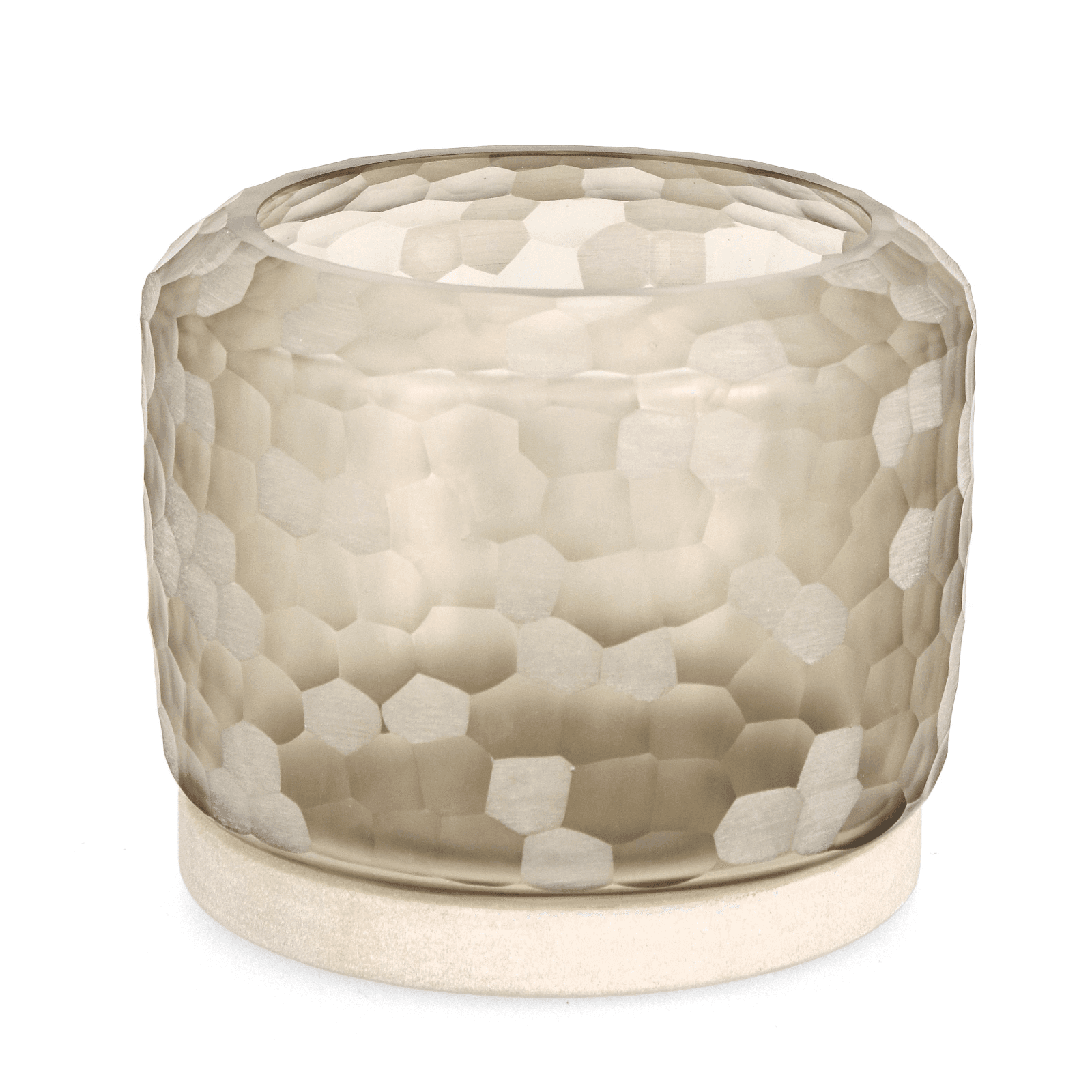 Porta candela in vetro sampur vt beige con base h19  e con base in pietra fatto a mano