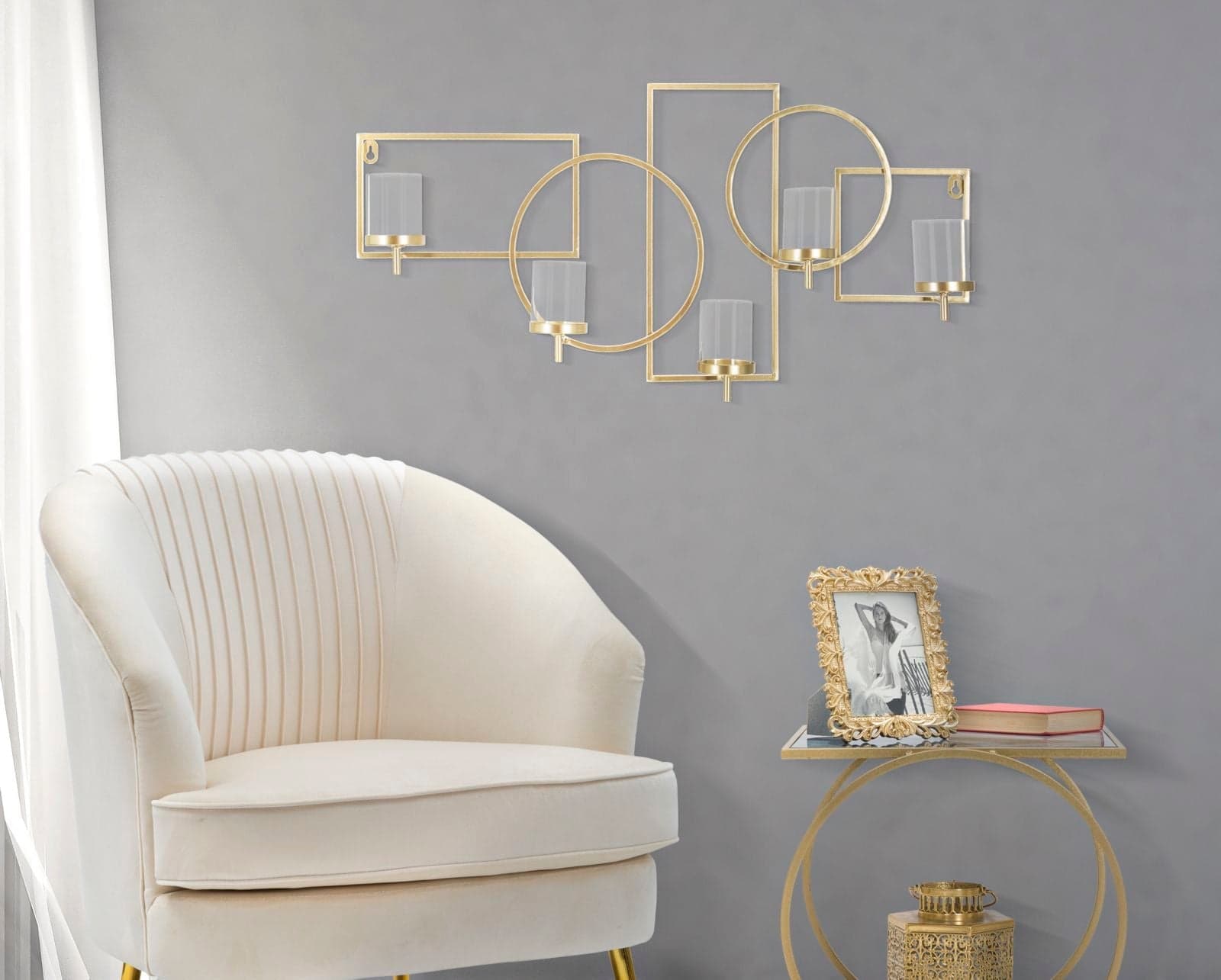 Porta candela da muro struttura in metallo color oro e vetro per interni - 5