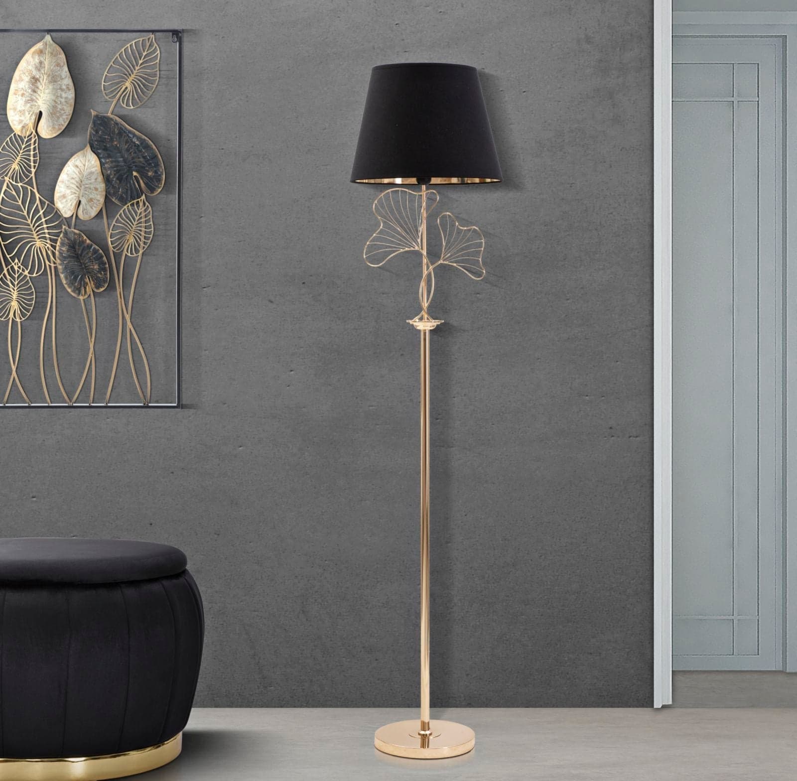 Lampada "Leaves" struttura in metallo color oro e poliestere per interni in Lampade da terra Decor Space - Altamura, commercioVirtuoso.it