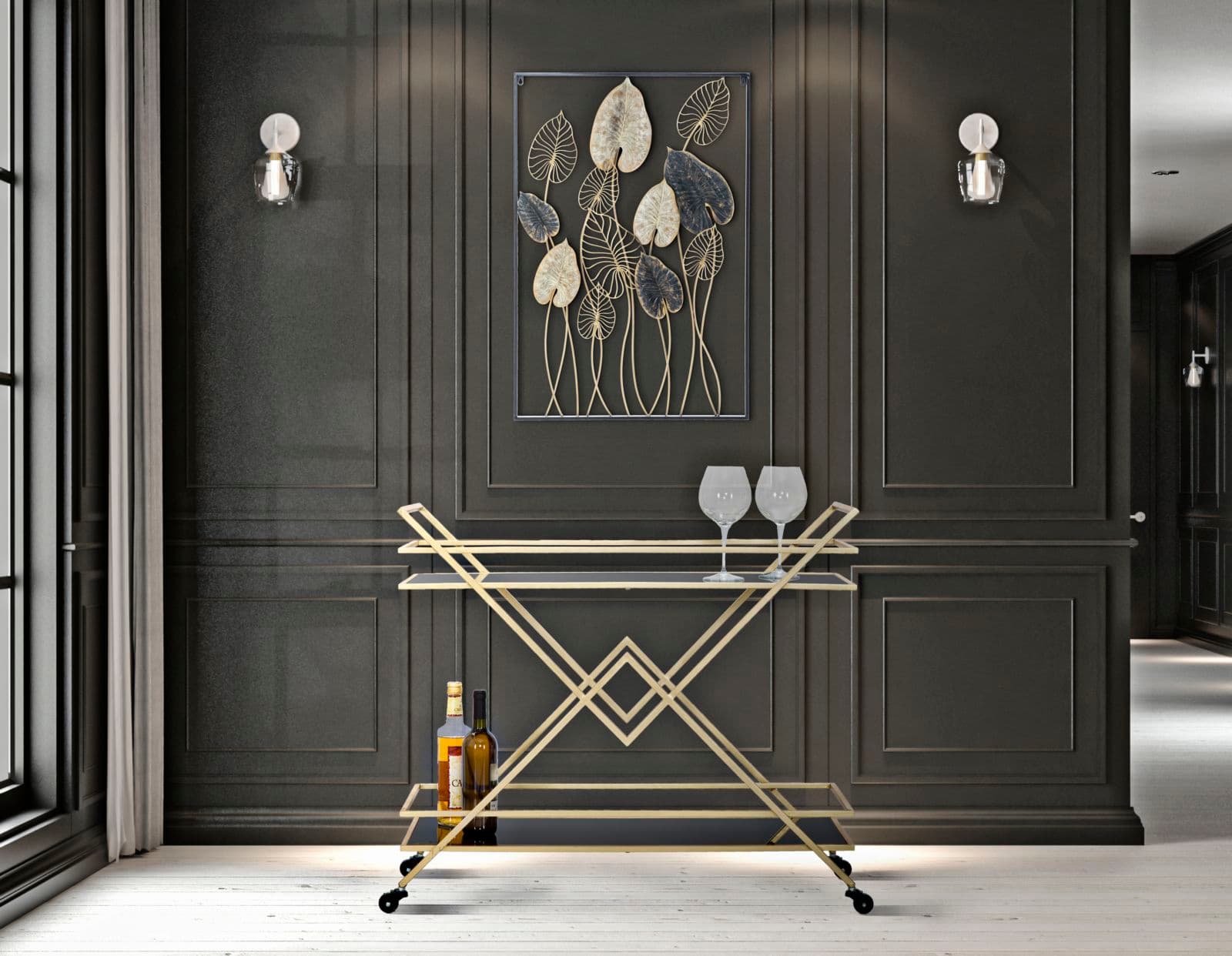 Carrello "Piramid" 2 ripiani struttura in ferro color oro con ruote per interni in Unità di mensole Decor Space - Altamura, commercioVirtuoso.it