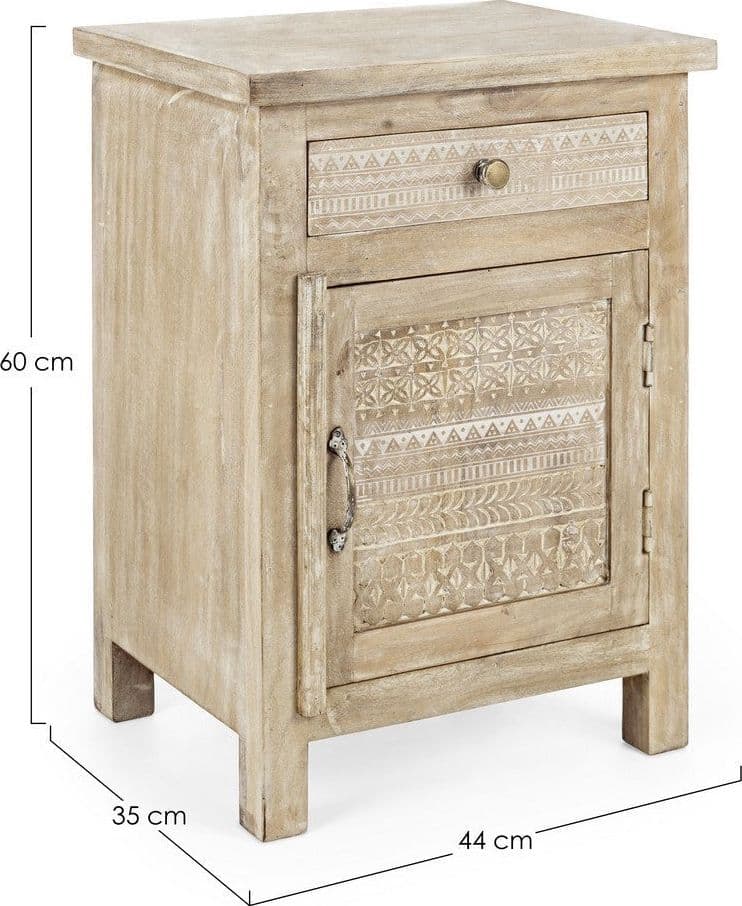 Comodino "Mayra" per camera, Struttura In Legno Di Mango Con Decorazioni Intarsiate A Mano, Schienale E Fondo Cassetti In Mdf in Comodini Decor Space - Altamura, commercioVirtuoso.it
