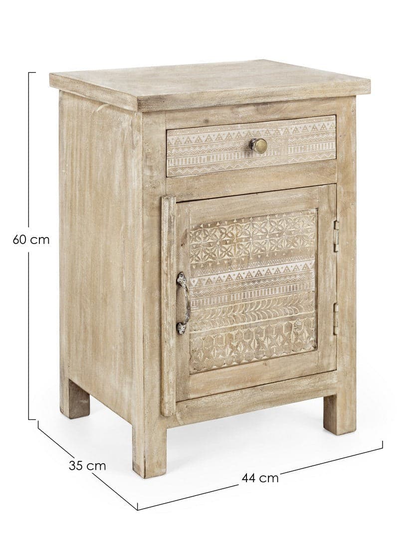 Comodino "Mayra" per camera, Struttura In Legno Di Mango Con Decorazioni Intarsiate A Mano, Schienale E Fondo Cassetti In Mdf in Comodini Decor Space - Altamura, commercioVirtuoso.it