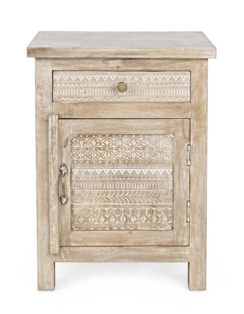 Comodino "Mayra" per camera, Struttura In Legno Di Mango Con Decorazioni Intarsiate A Mano, Schienale E Fondo Cassetti In Mdf in Comodini Decor Space - Altamura, commercioVirtuoso.it