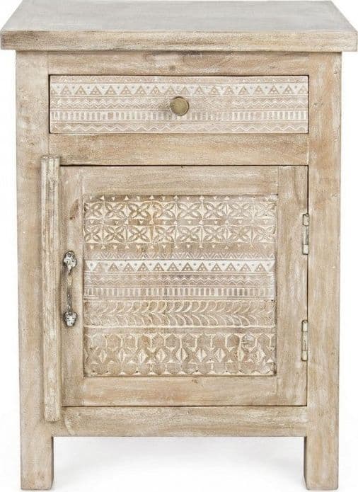 Comodino "Mayra" per camera, Struttura In Legno Di Mango Con Decorazioni Intarsiate A Mano, Schienale E Fondo Cassetti In Mdf in Comodini Decor Space - Altamura, commercioVirtuoso.it
