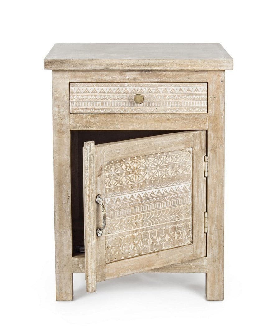 Comodino "Mayra" per camera, Struttura In Legno Di Mango Con Decorazioni Intarsiate A Mano, Schienale E Fondo Cassetti In Mdf in Comodini Decor Space - Altamura, commercioVirtuoso.it