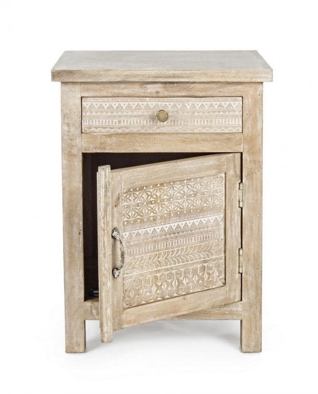 Comodino "Mayra" per camera, Struttura In Legno Di Mango Con Decorazioni Intarsiate A Mano, Schienale E Fondo Cassetti In Mdf in Comodini Decor Space - Altamura, commercioVirtuoso.it