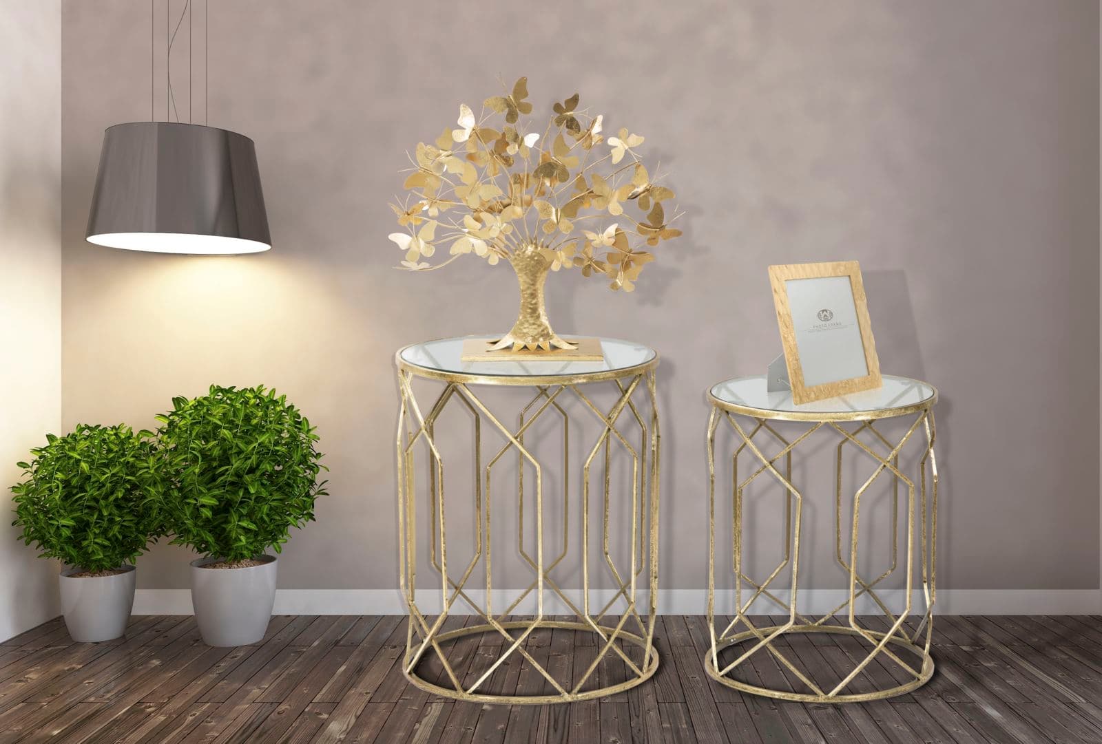 Tavolinetti "Tunisi" rotondi struttura in ferro color oro per interni set da 2 - 9