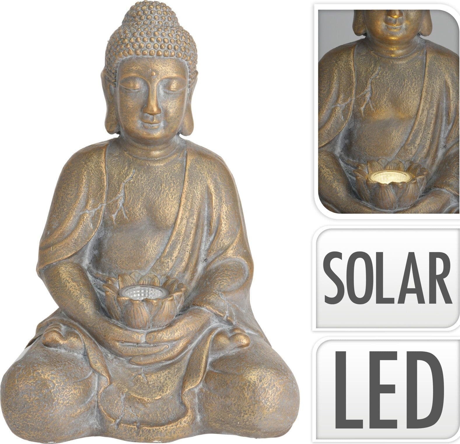 Statua decorativa in poli resina "Buddha in meditazione" con luce solare per esterno in Statue Decor Space - Altamura, commercioVirtuoso.it