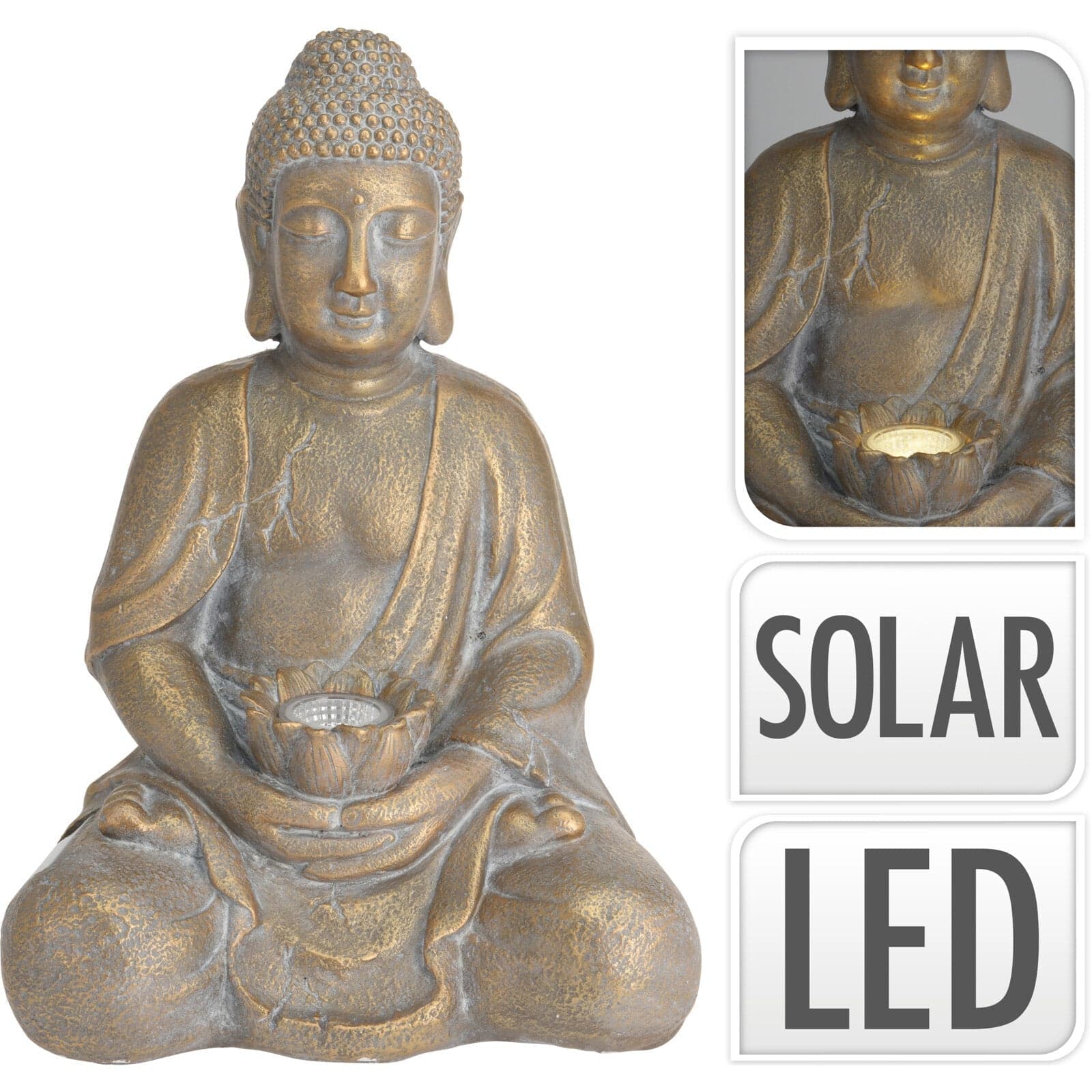 Statua decorativa in poli resina "Buddha in meditazione" con luce solare per esterno in Statue Decor Space - Altamura, commercioVirtuoso.it