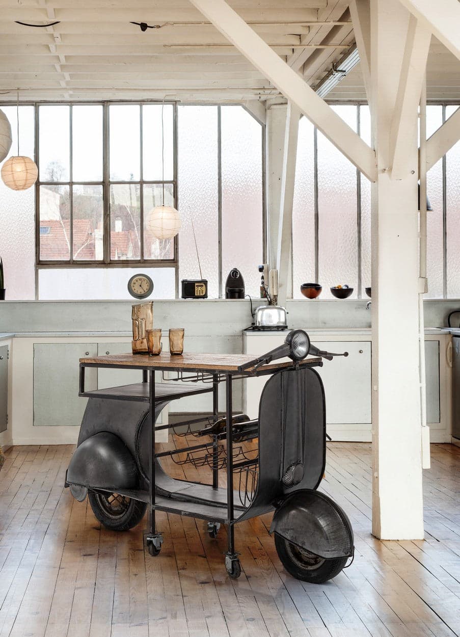 Consolle da bar "Vespa Replica" moderno con piano in legno, ruote, 183 x 43 x 105 cm in Console e tavoli da divano Decor Space - Altamura, commercioVirtuoso.it