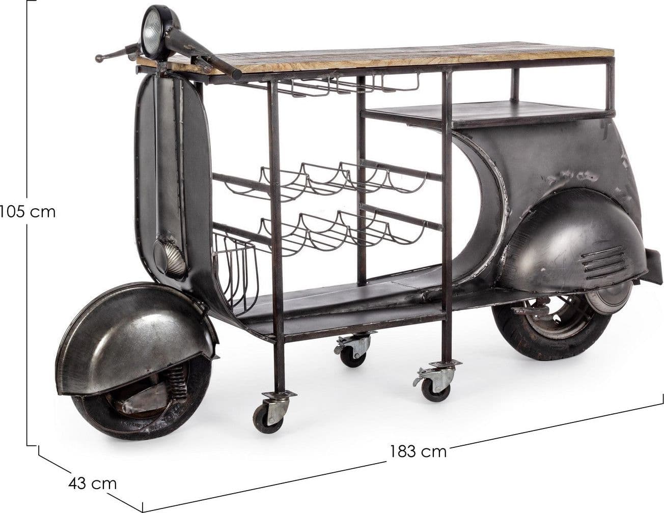 Consolle da bar "Vespa Replica" moderno con piano in legno, ruote, 183 x 43 x 105 cm in Console e tavoli da divano Decor Space - Altamura, commercioVirtuoso.it